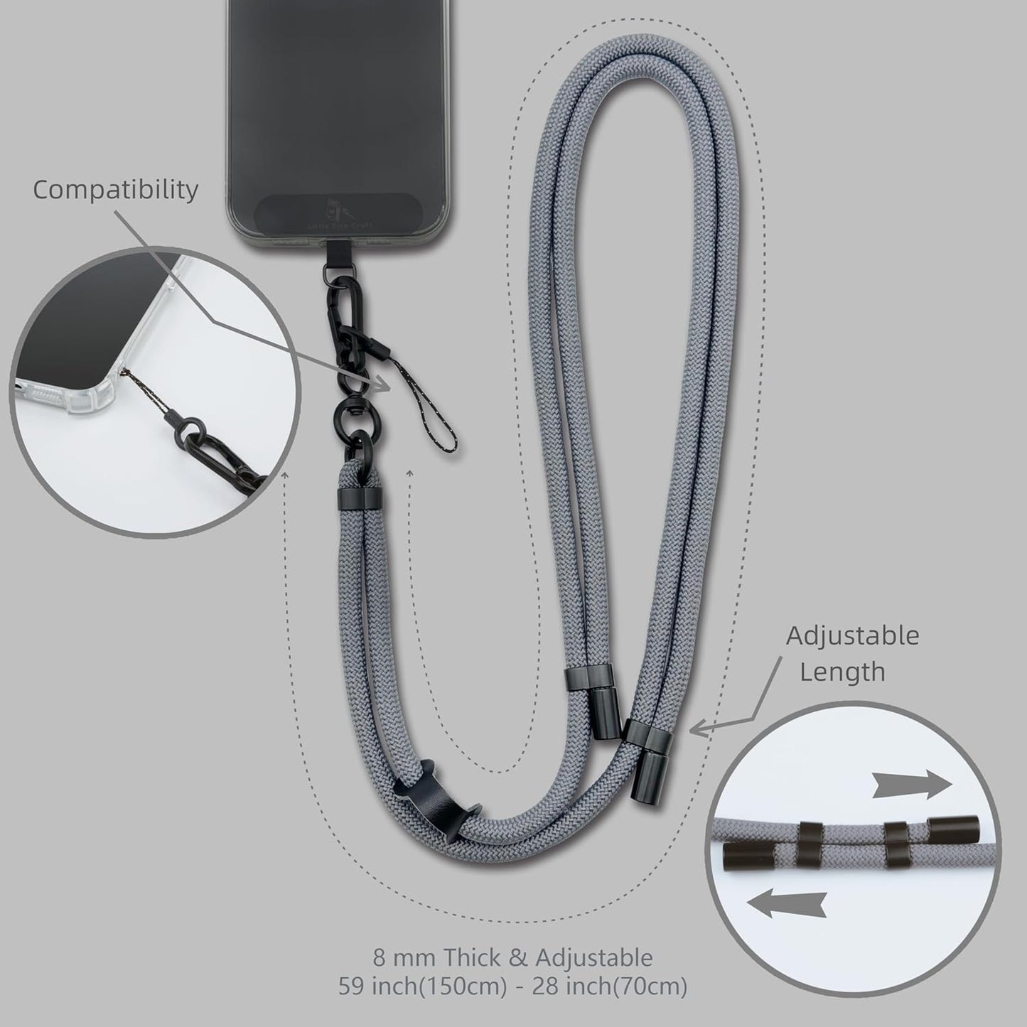Adjustable Cell Phone Lanyard Crossbody Smartphone Strap Soft Rope Phone Lanyard for Around the Neck Holder (Grey)
