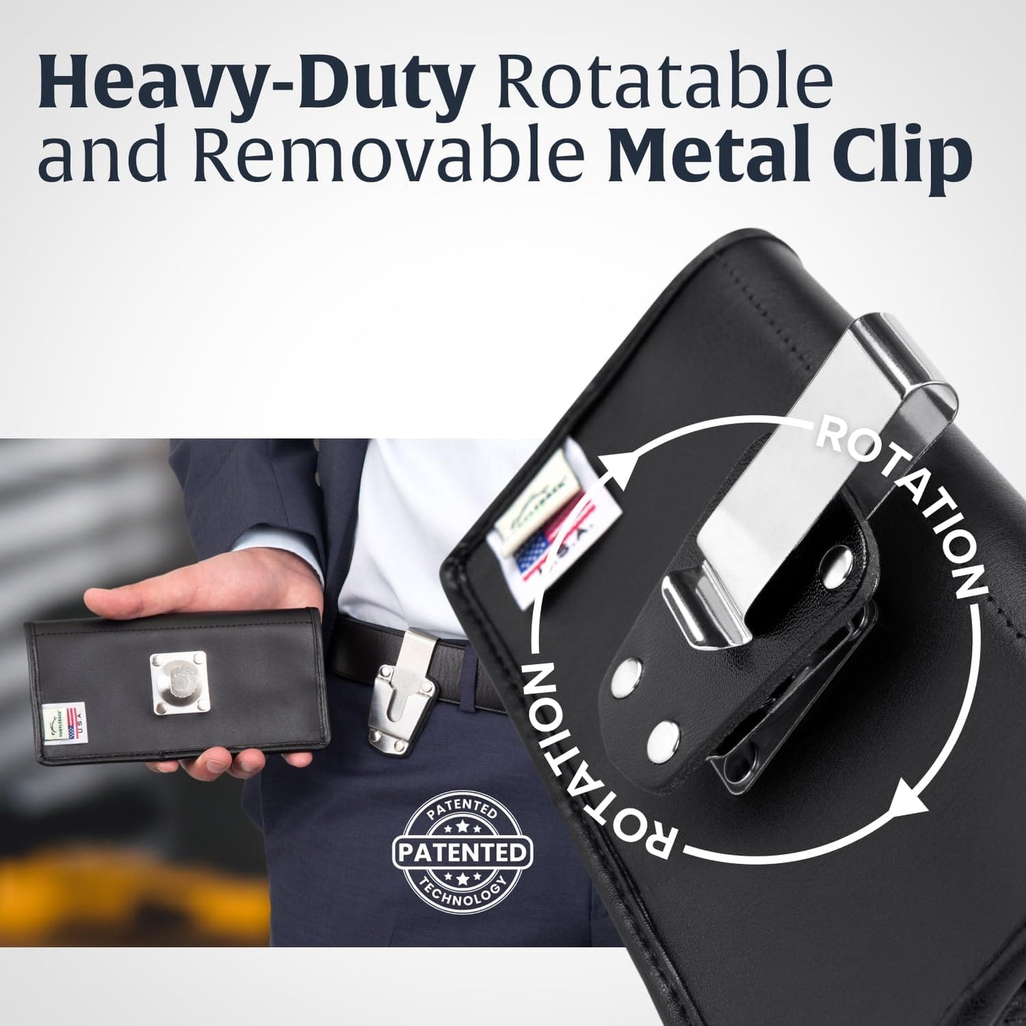 Turtleback Belt Holder for iPhone 16 Pro, 16e, 15 pro 14 Pro 13 Pro -Large- Fits w/Defender Bulky Style Cases, Premium Black Leather, Horizontal Case, Magnetic Closure Leather Wrapped Belt Clip