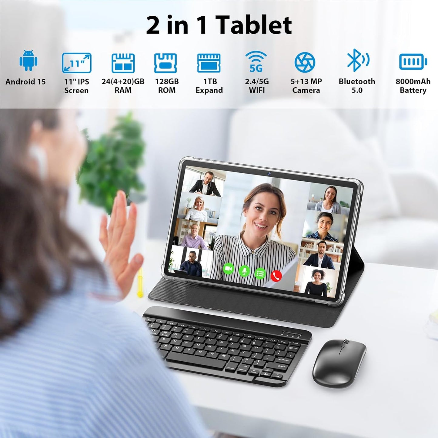Android Tablet, 11 inch Android 15 Tablet with Keyboard, 24GB+128GB, 1TB Expand, 8000mAh, 5MP+13MP, 2.4G&5G WiFi, IPS Touch Screen, GMS Certified, 2 in 1 Tablets with Case, Mouse, Stylus(Silver)