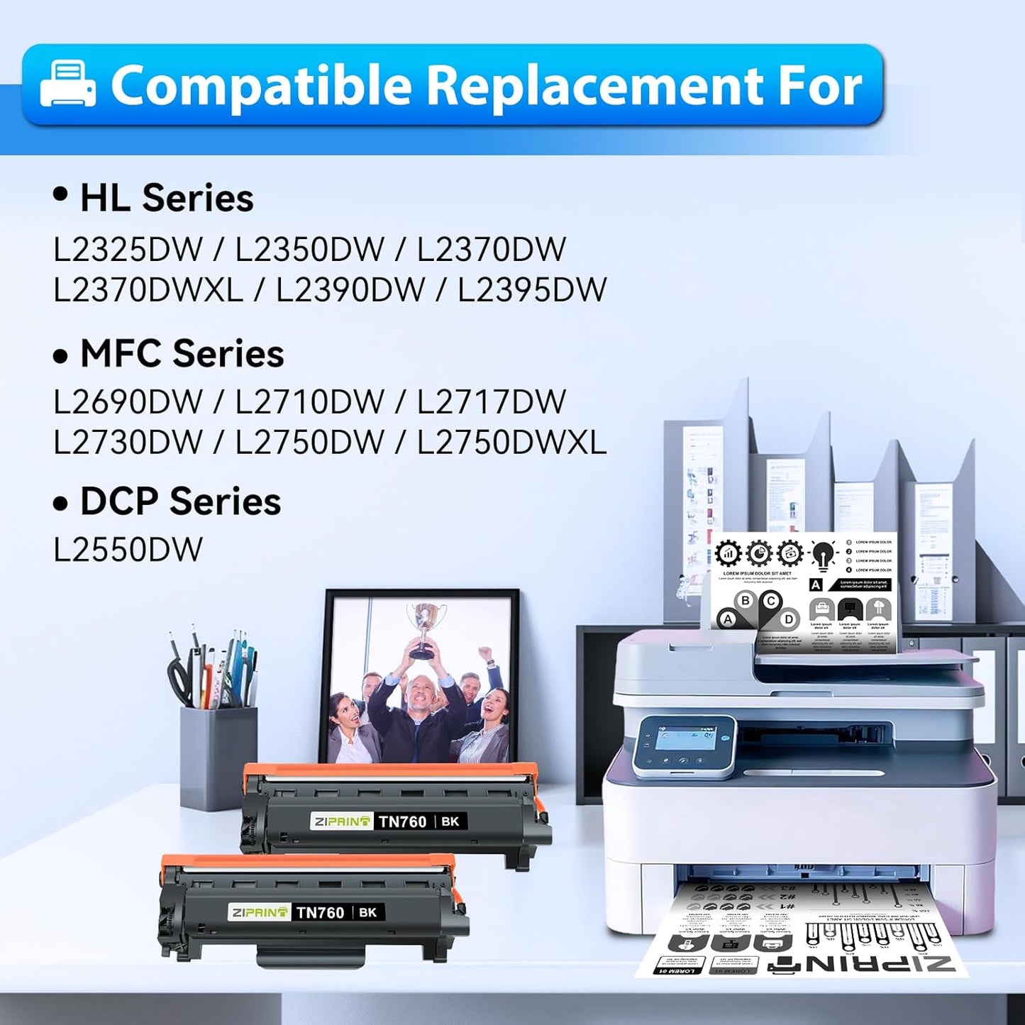 ZIPRINT TN760 Toner Cartridges Compatible Replacement for Brother TN760 TN730 TN-730 High Yield for MFC-L2710DW MFC-L2750DW DCP-L2550DW HL-L2350DW HL-L2395DW HL-L2370DW (Black, 2 Pack)