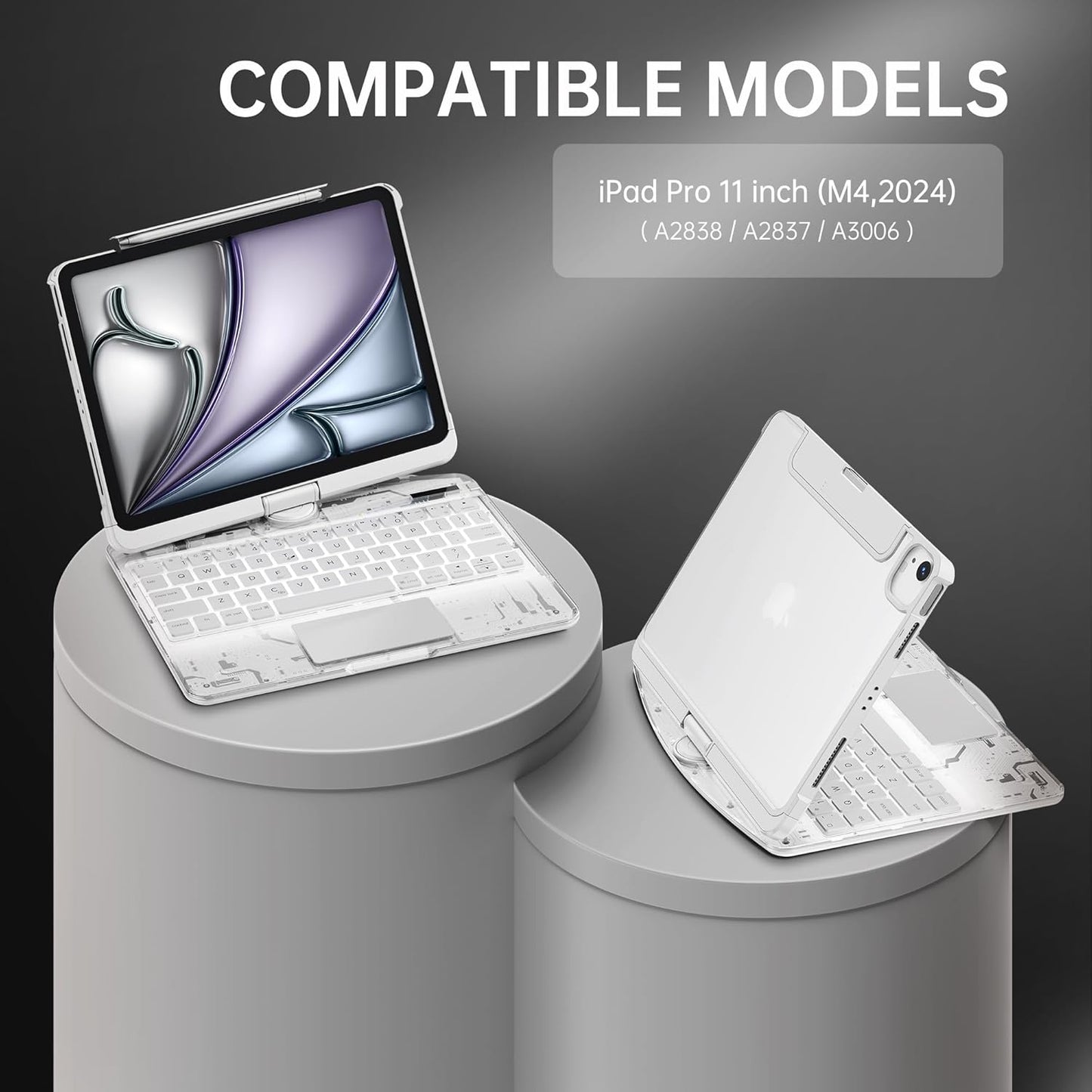 GUSGU Transparent Case with Wireless Keyboard only for 2024 iPad Pro 11-in.(M4), 7 Colors Backlight, Trackpad, 360°Rotating Stand for iPad Pro 11(5th Gen), Tech Style