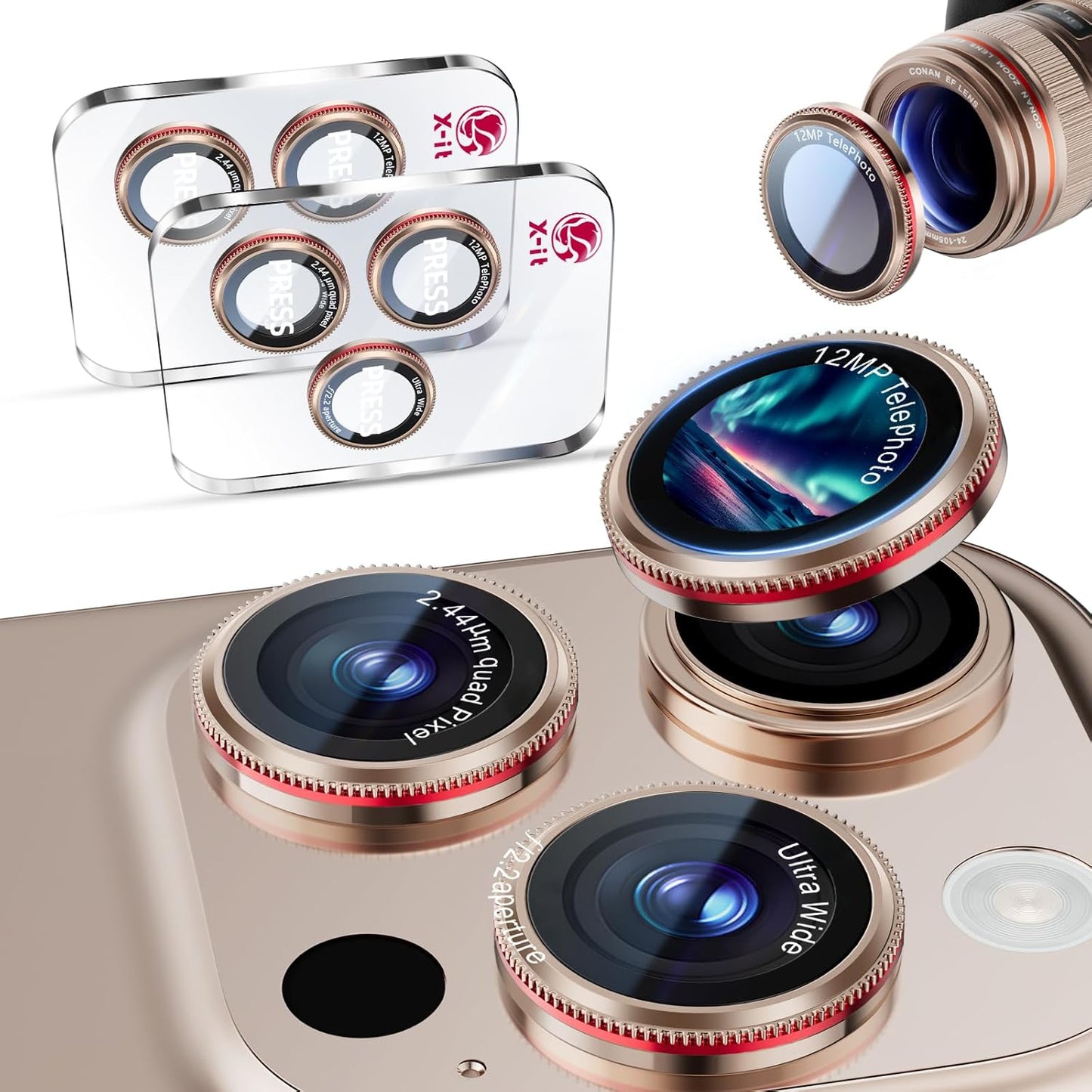 X-it 2 Pack Camera Lens Protector, Shatterproof Protection Anti-Scratch Ultra HD Camera Protector, Anti-Glare 9H Tempered Glass Lens Protector for iPhone 16 Pro Max/16 Pro, Case Friendly, Golden Red