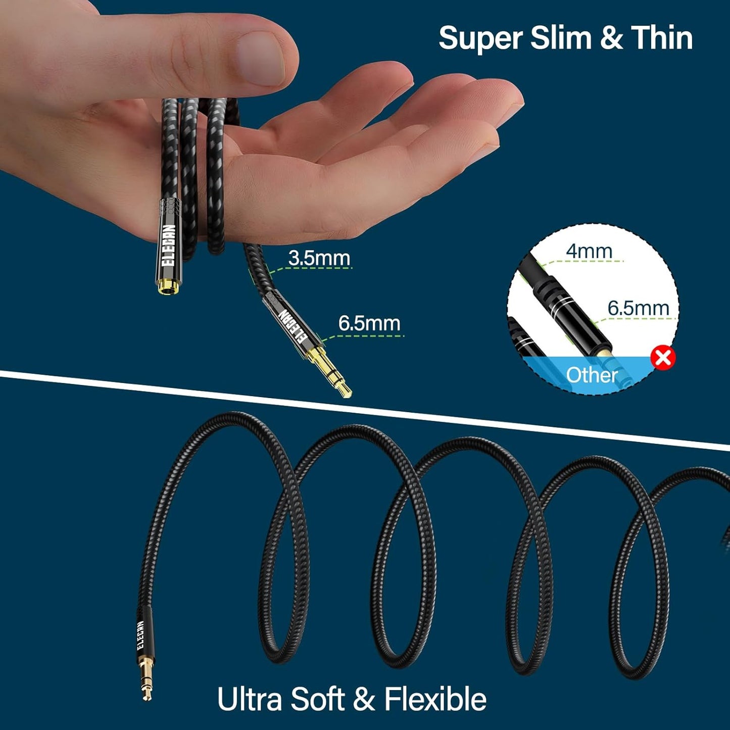 Elecan Headphone Extension Cable 15 Ft, 1/8 Inch 3.5 MM AUX Cord Wire Male to Female, Hi-Fi Sound Thin&Slim Braided TRS Stereo Audio Beats Cable Extender for Car,Home Stereos, Speaker,Phones