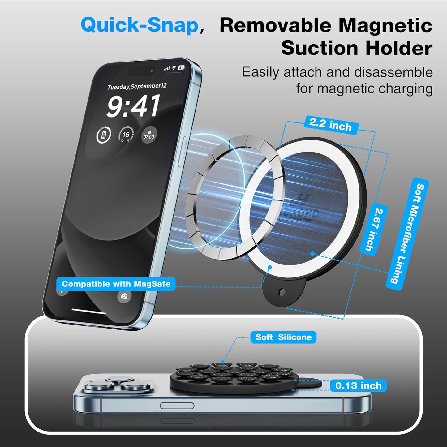 Magnetic Suction Cup Phone Mount for MagSafe Case, Silicone Hands-Free Phone Grip Holder for iPhone and Android, Mirror Shower Phone Stand for Makeup FaceTime Gym Kitchen Bathroom, Black