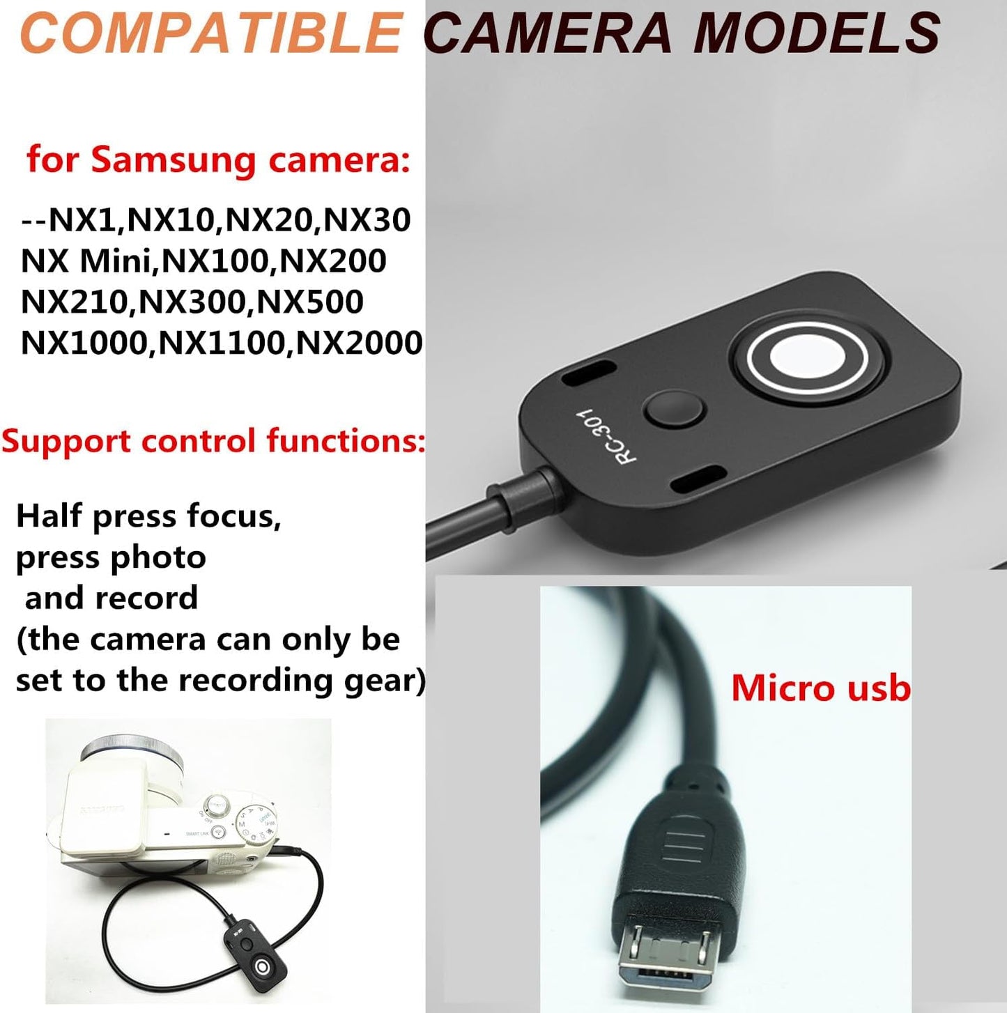 for Samsung Shutter Cable Camera Release Remote for NX20/NX30/NX Mini/NX100/NX200/NX210/NX300/NX500/NX1000/NX1100/NX2000 Camera Small Button Accessory