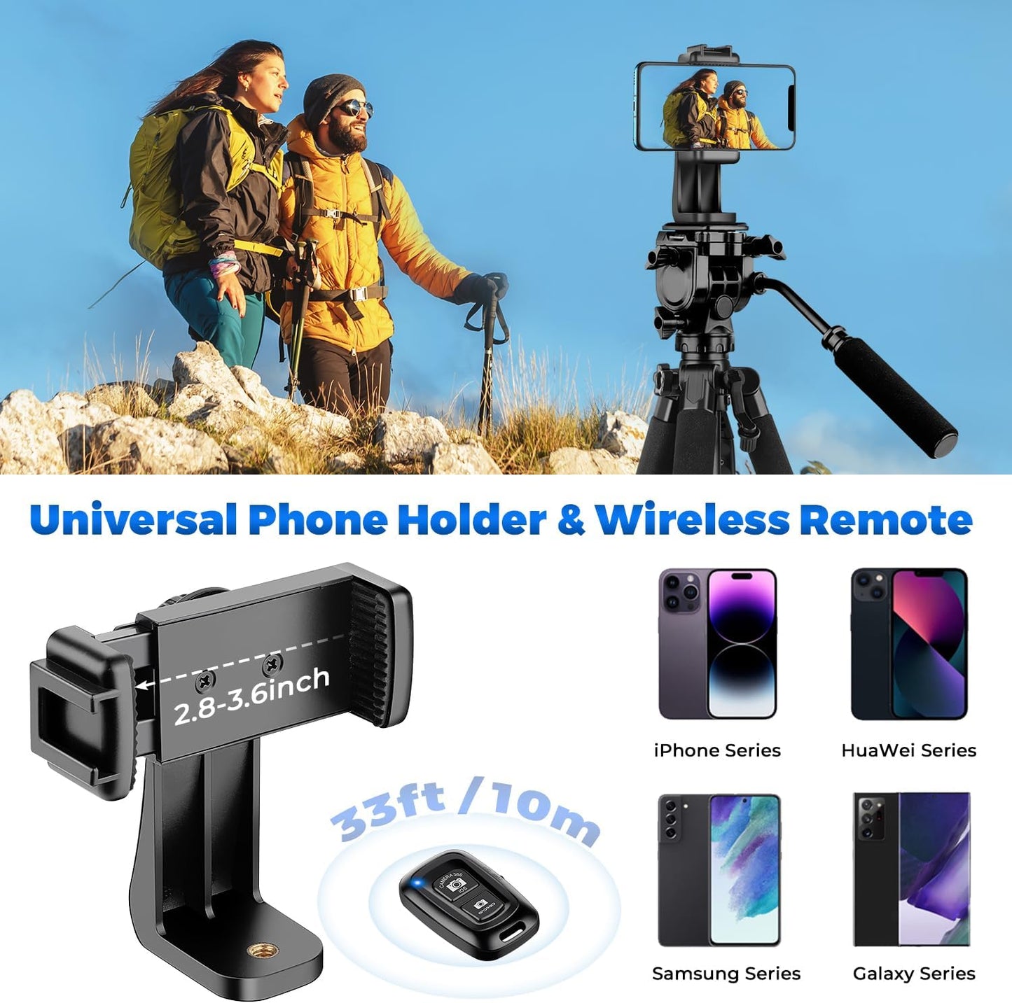 Camera Tripod, 75” Heavy Duty Tripod for Camera with Phone Holder and Travel Bag, Compatible with Video Camera, DSLR, Spotting Scopes, Camcorder, GoPro, Cell Phone, Max Load 16LB (Black)