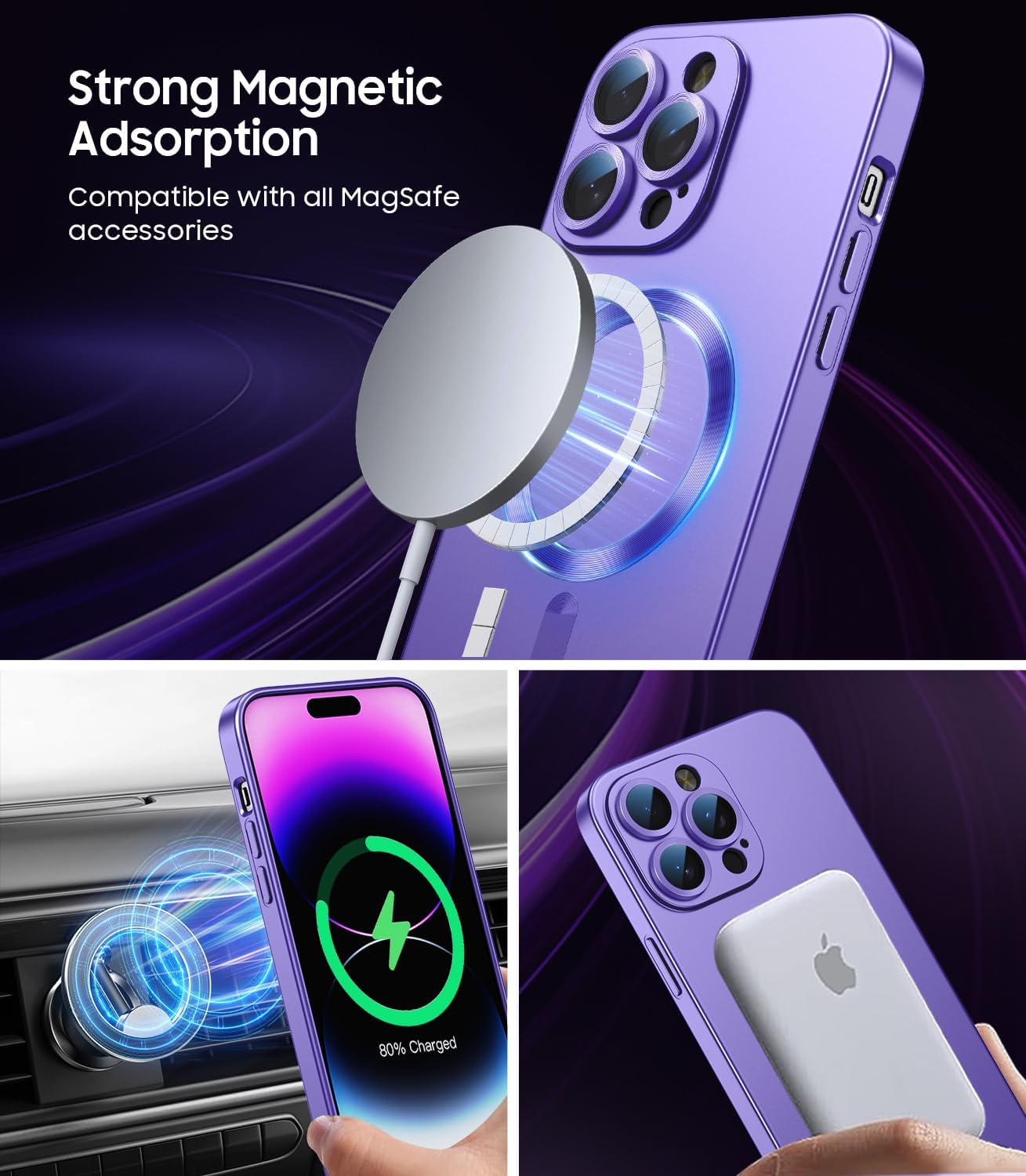 Magnetic for iPhone 14 Pro Max Case [Compatible with MagSafe][Built-in Camera Lens Protector] Slim Soft TPU Bumper Shockproof Metallic Luster Phone Case (Purple)