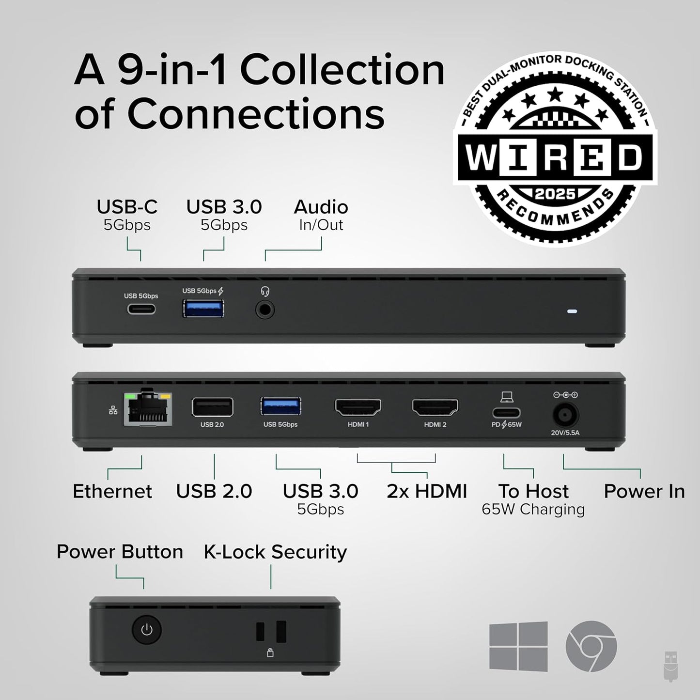 Plugable USB-C Docking Station Dual 4K 60Hz HDMI, 65W Charging, Gigabit Ethernet, 1x USB-C 5Gbps, 3X USB-A, Audio, Windows/ChromeOS, USB-C/USB4/Thunderbolt, Driverless (UD-MSTH2)