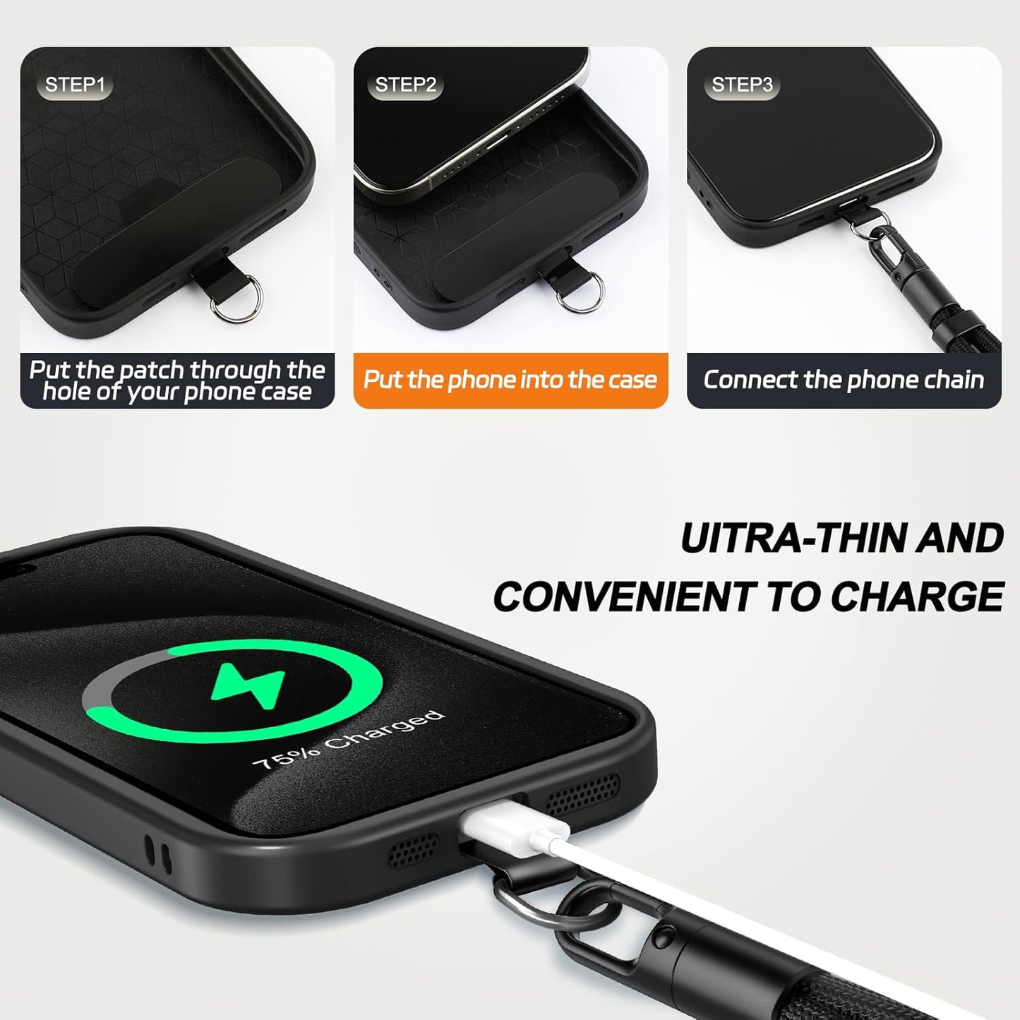 2 Pack Phone Lanyard,2×Phone crossbody strap,4×Tether Tabs,Universal Cell Phone Multifuctional Patch Polyester Lanyards,Cell Phone Lanyards for Women and Men(balck+grey)