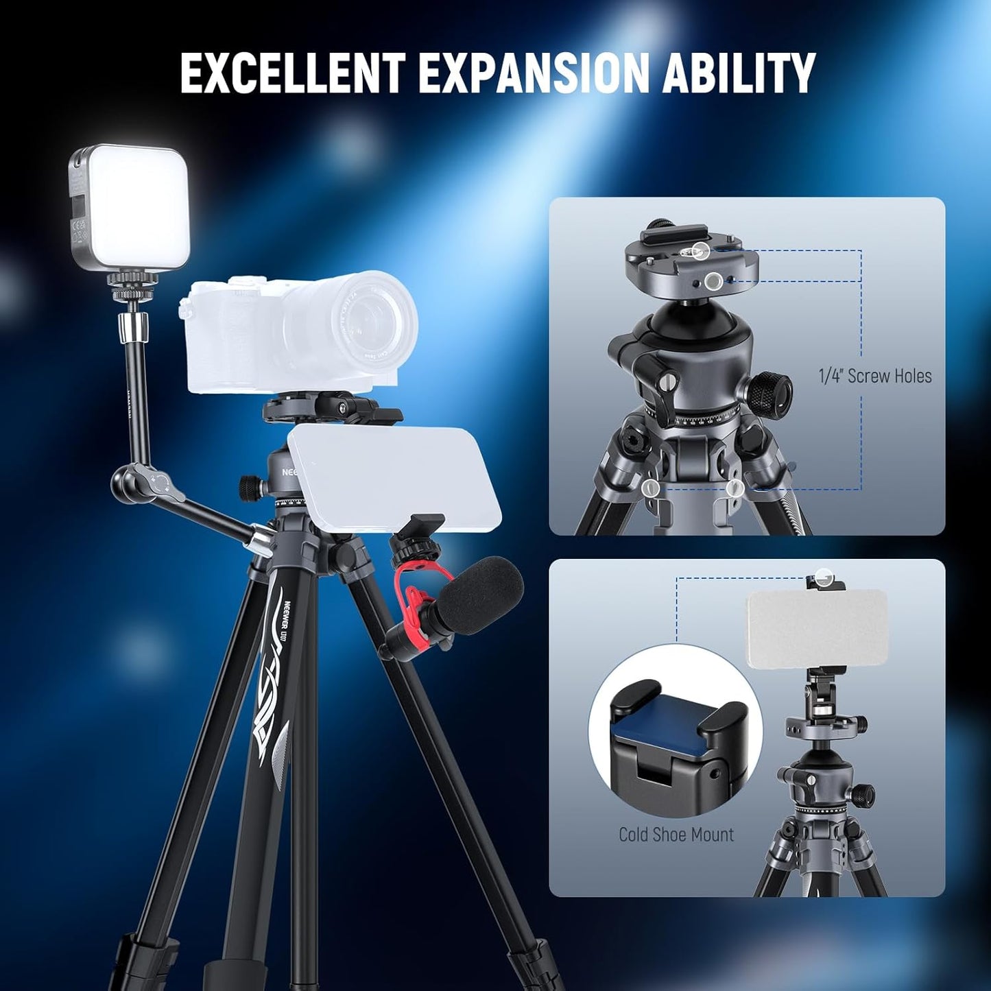 NEEWER LITETRIP LT07 61" Aluminum Travel Camera Tripod, Portable Stand with Ball Head Dual Axis Cell Phone Holder Arca QR Plate Compatible with iPhone Peak Design V3 for Video Recording, Max Load 22lb