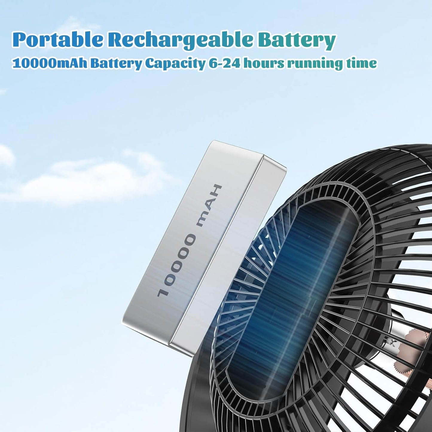 ATEngeus USB Desk Fan, Rechargeable Portable Fan, 8-Inch Clip on Fan, 10000mAh Stroller Fan, 4 Speeds Strong Airflow, 720° Rotation, with Sturdy Clamp, Suitable for home, office and stroller
