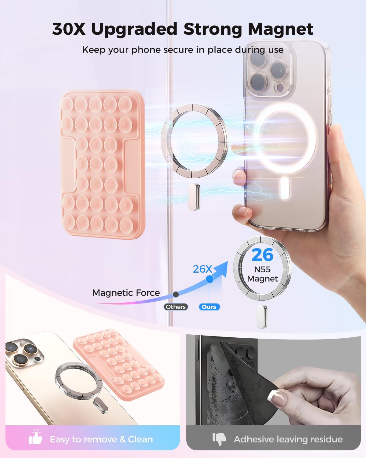 SUPERONE Magnetic Suction Phone Mount for MagSafe Case, Silicone Octo Cup Buddy Sticky Phone Grip Holder for iPhone 16/15/14/13/12 Series, Removable Hands-Free Selfie/Video for TikTok & Instagram-Pink