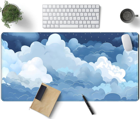 Aesthetic Blue and White Puffy Clouds Desk Mat, XXL Large Kawaii Blue Extended Gaming Mouse Pad with Stitched Edges, Cute Big Laptop Keyboard and Mouse Mat for Women Office Decor Mat 31.5x15.7 in