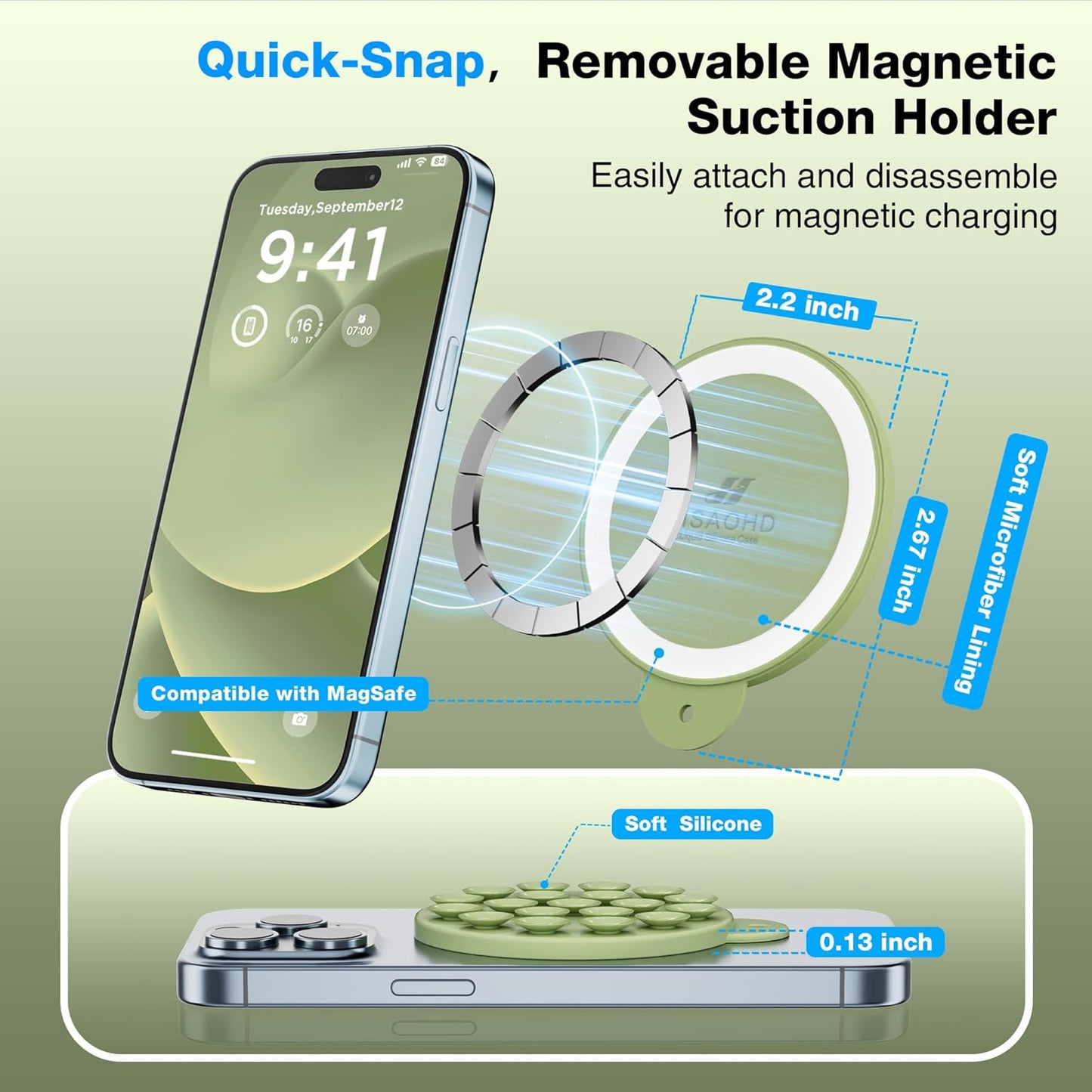 Magnetic Suction Cup Phone Mount for MagSafe Case, Silicone Hands-Free Grip Holder for iPhone and Android, Mirror Shower Phone Stand for Makeup FaceTime Gym Kitchen Bathroom, Tea Green