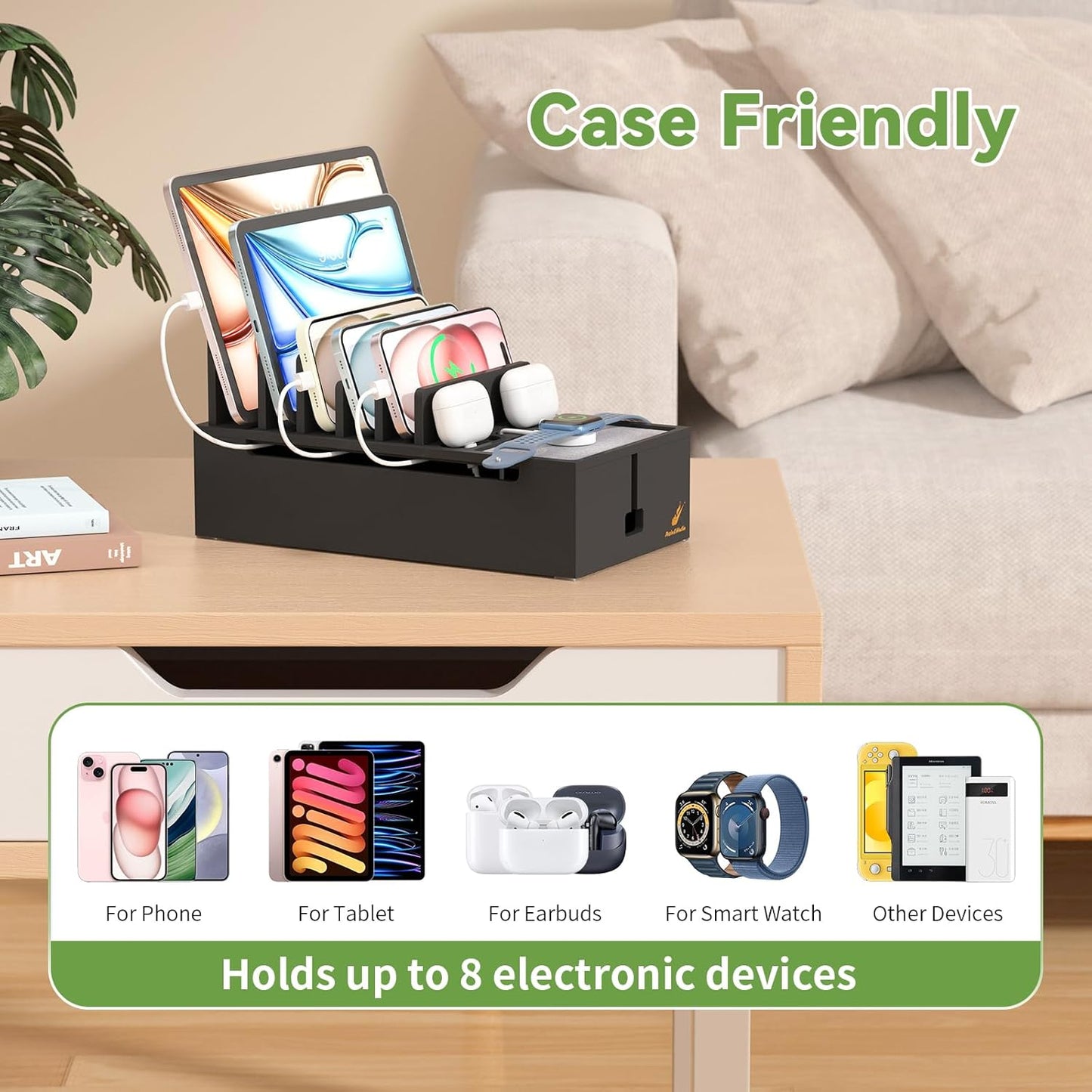 Pezin & Hulin Natural Bamboo Cable Management Box, Wire Organizers for Cords, Charge Station Box, Desktop Dock Organizer Rack for Electronic Device (Include 6 Cables)(No Power Adapter) -Black