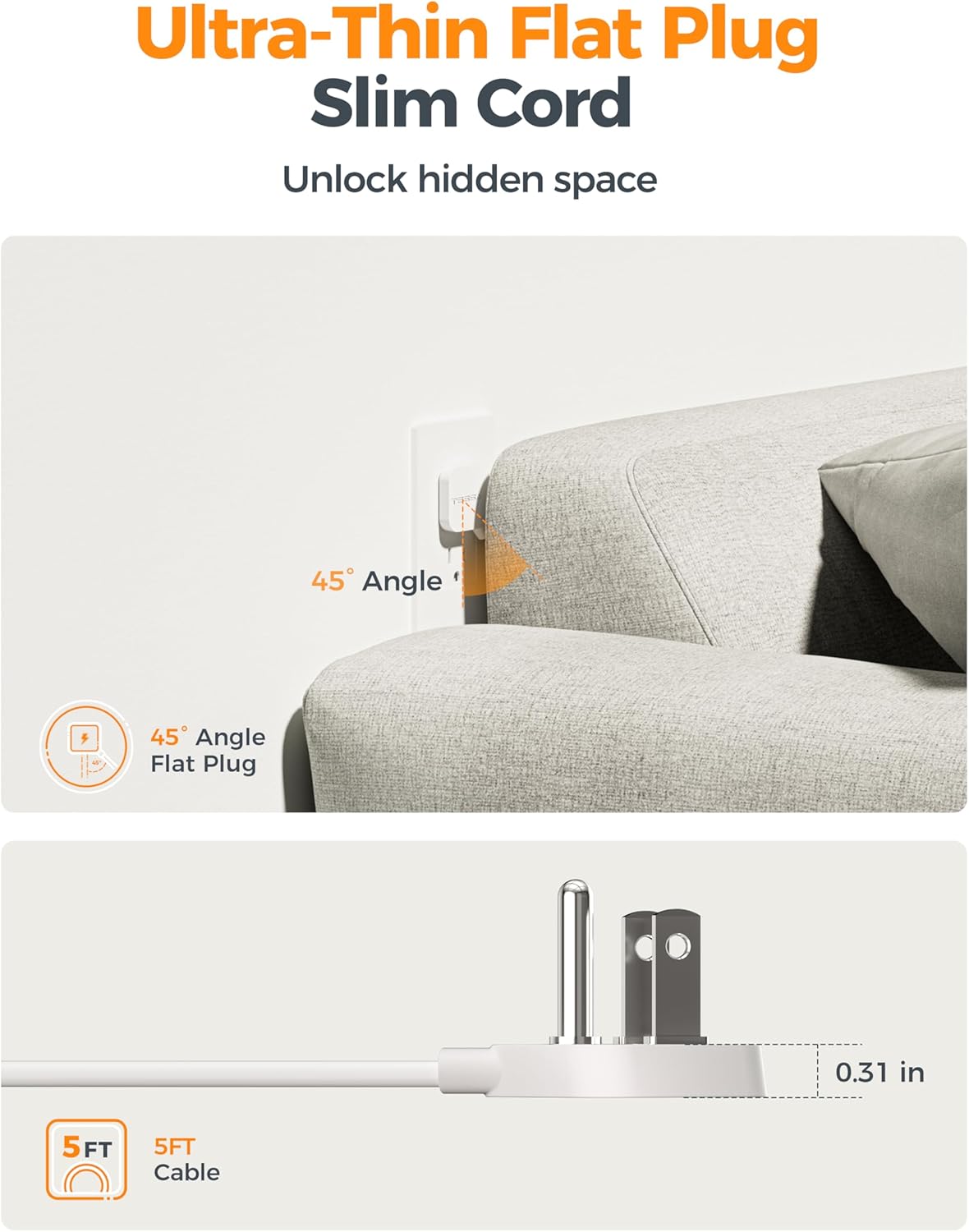 TESSAN Flat Plug Extension Cord 5 FT, Surge Protector Power Strip with 4 AC Outlets 1 USB C and 2 USB A Ports, 900 Joules Protection, Multiple Wall Outlet Extender Suitable for Home Office Dorm