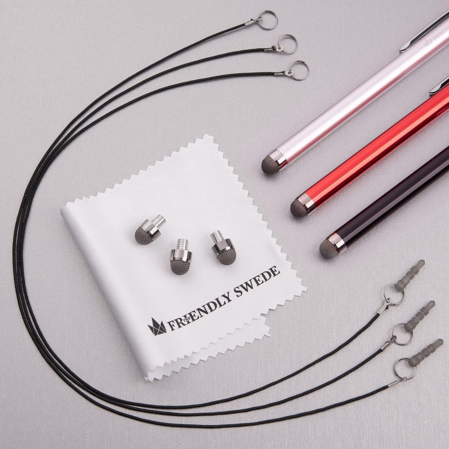 The Friendly Swede Stylus Pen for Touchscreen — 3-Pack 5.5" High Precision Stylus Pen with Replaceable Thin Tips, Elastic Lanyards & Screen Cleaning Cloth - Red/Black/Silver