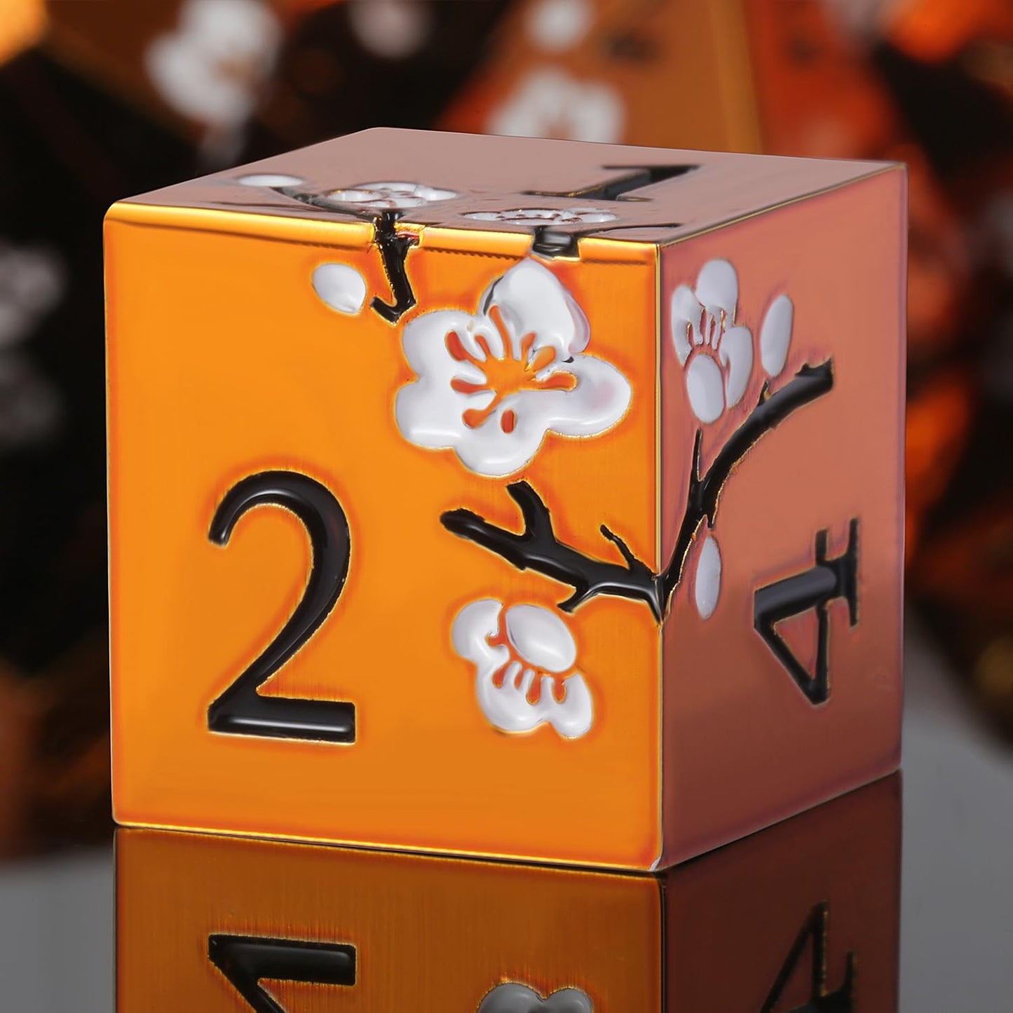 Orange Metal Dice D&D, DNDND 7 PCS Heavy Metallic DND Dice Set with Gorgeous Gift Case for Dungeons and Dragon Tabletop Game (Orange with White Flowers)