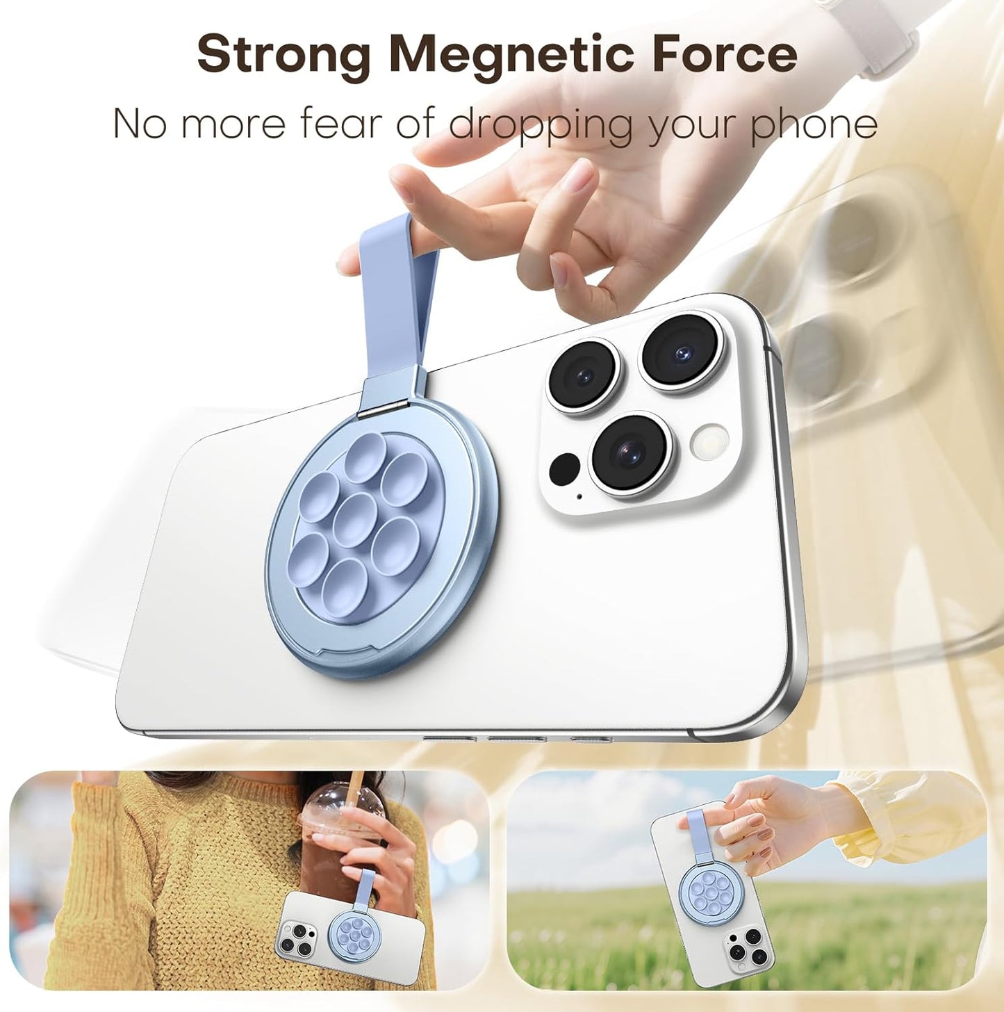 TAURI for Magsafe Suction Phone Grip - Universal Magnetic Suction Grip, 360° Rotating Hands-Free Holder, Silicone Suction Grip for iPhone 16 Pro Max/15/Android/S25,Blue