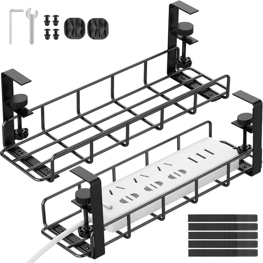 Under Desk Cable Management Tray, 31.5'' No Drill Steel Cable Tray Organizers, Wire Management Tray Cable Rack with Clamp Mount, Metal Under Desk Tray with Wire and Cord Organizer
