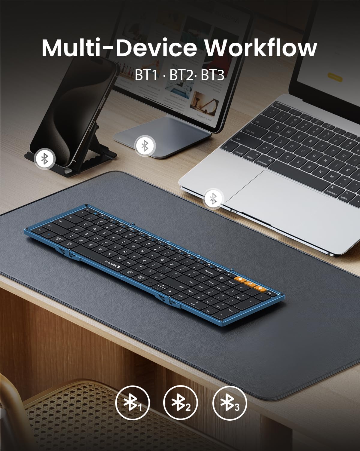 ProtoArc Foldable Bluetooth Keyboard, XK01 Folding Wireless Portable Keyboard with Number Pad, Full-Size Travel Keyboards for Windows iOS Android Tablet Smartphone Laptop PC - Dark Blue