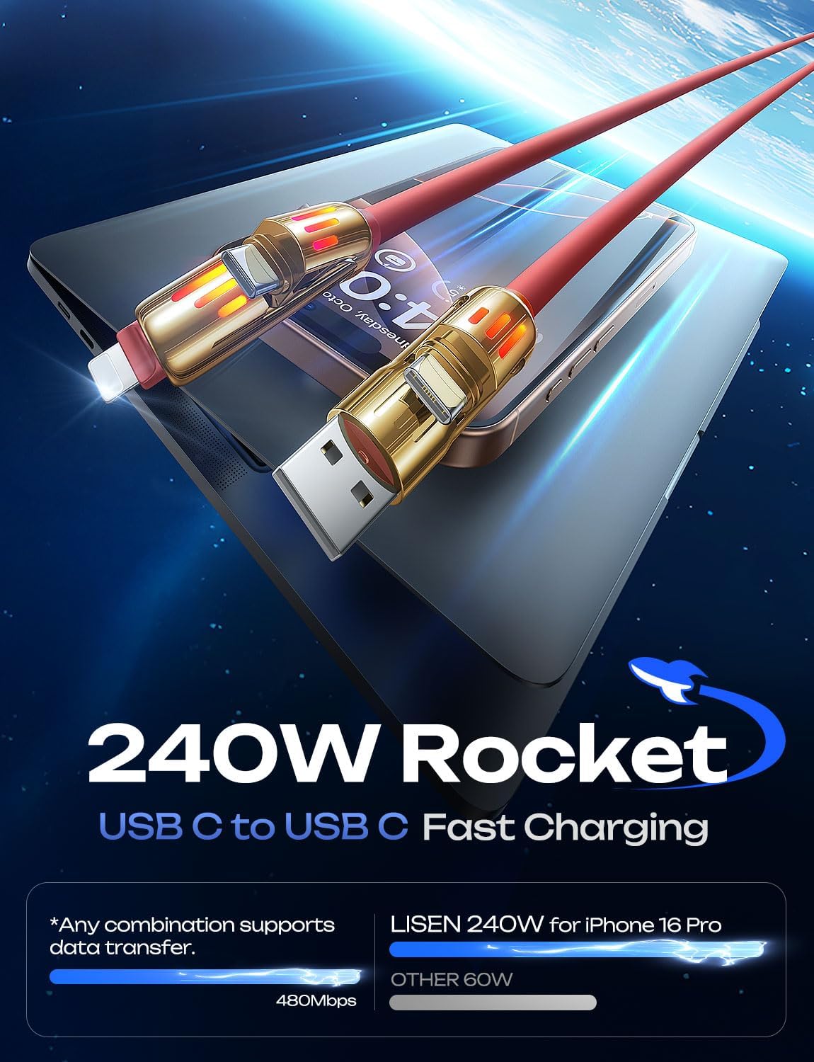 LISEN 240W Chubby USB C to USB C, 4 in 1 Charging Cable (6.6FT) with Light, USB A/C to C/L Multi Charging Cable for iPhone 16 15 14 Pro Max/MacBook/iPad Pro/SamSungS24,Red