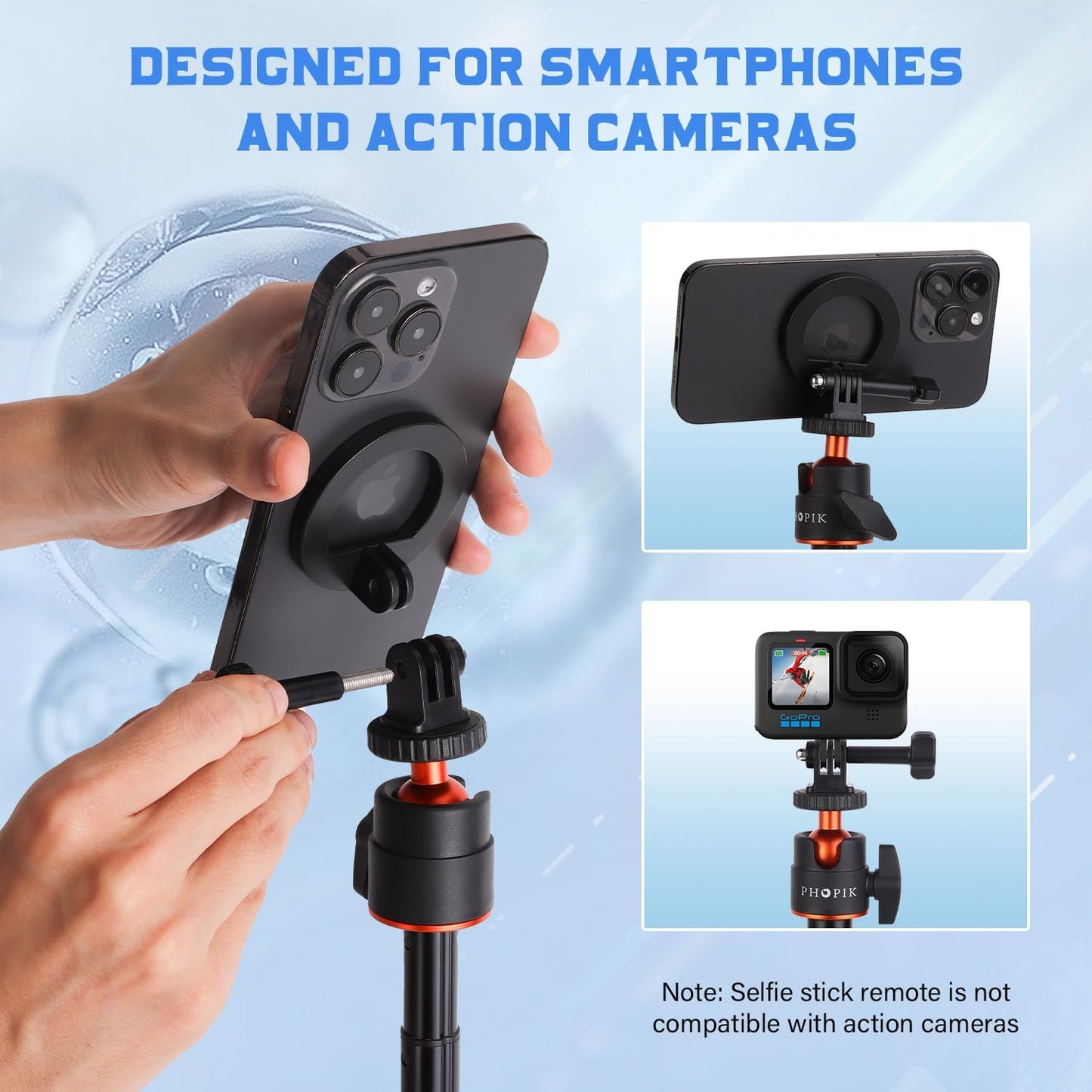 PHOPIK 55" Magnetic Selfie Stick Phone Tripod, Extendable Magnetic Cell Phone Tripod Stand Compatible with iPhone/Android/Sport Camera&Insta 360 x5, Perfect for Video Recording/Selfies/Live Stream