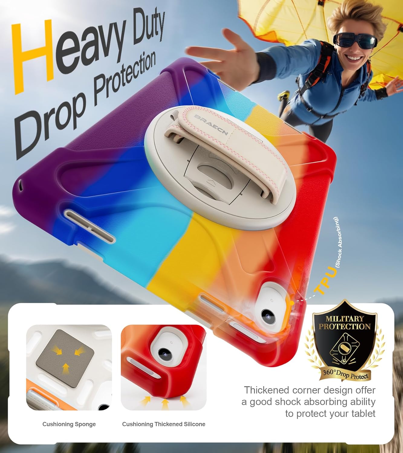 BRAECN for iPad (A16) 11th/10th Generation case 11/10.9 inch 2025/2022 Heavy Duty Shockproof Protective with Pencil Holder Screen Protector 360°Rotating Stand Handle & Shoulder Strap Full Body Cover