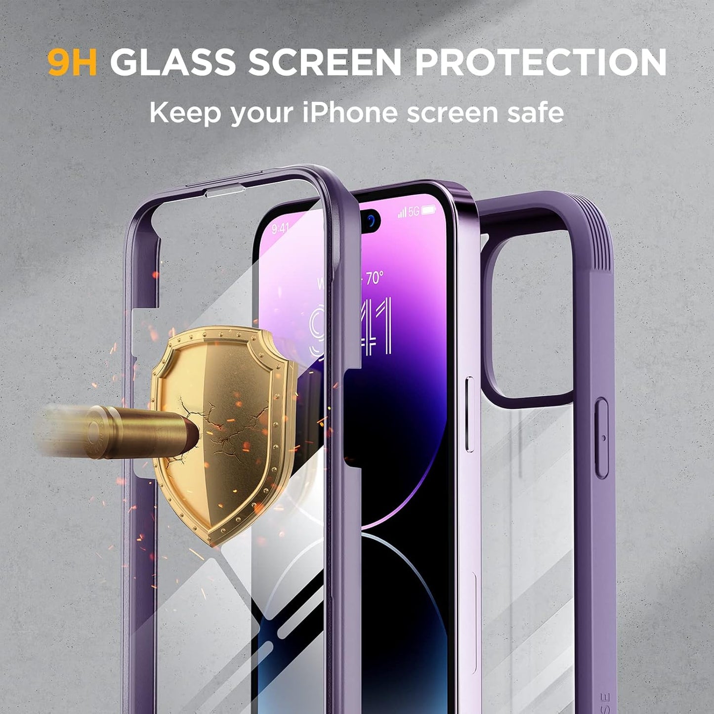 Miracase Glass Series Designed for iPhone 14 Pro Max Case 6.7 Inch, Upgrade Full-Body Bumper Case with Built-in 9H Tempered Glass Screen Protector, with Camera Lens Protector, Dark Purple
