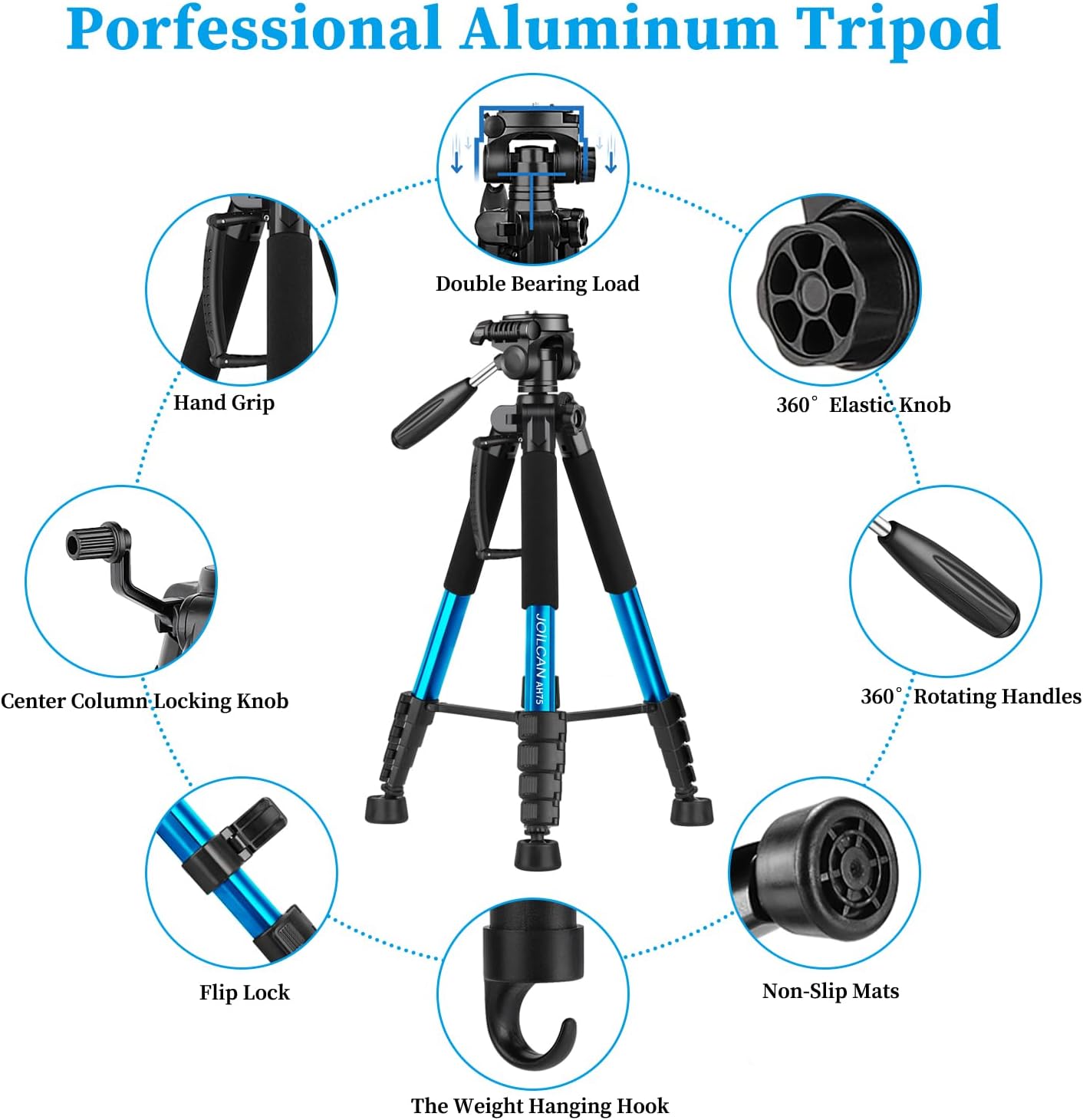 JOILCAN Tripod Camera Tripods, 74" Tripod for Camera Cell Phone Video Recording, Heavy Duty Tall Camera Tripod Stand, Professional Travel DSLR Tripods Compatible with Canon iPhone, Max Load 15 LB