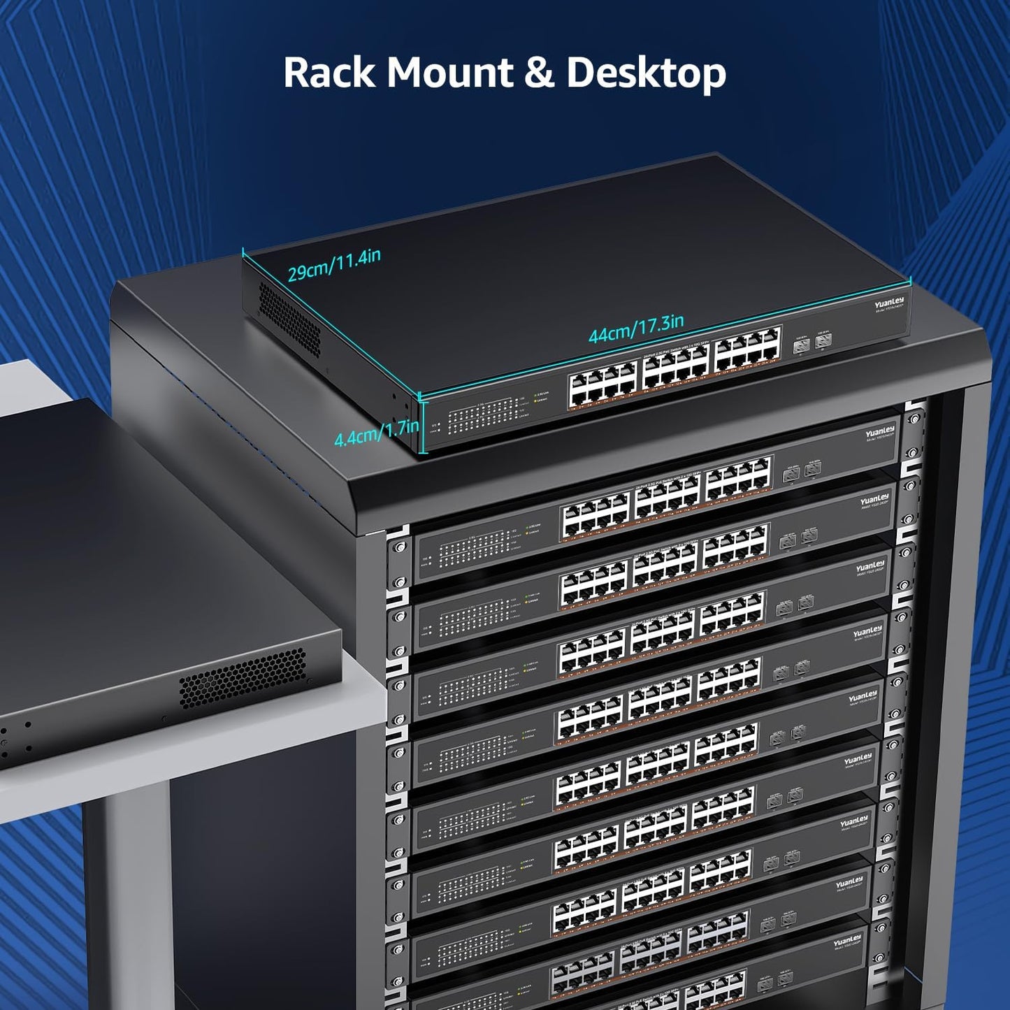 YuanLey 26 Port 2.5G PoE Switch Unmanaged, 24 x 2.5G Base-T PoE Ports, 2 x 10G SFP+, IEEE802.3af/at, 400W, Compatible with 100/1000/2500Mbps, Metal Case, Desktop/Rack Mount 2.5Gbe Network Switch