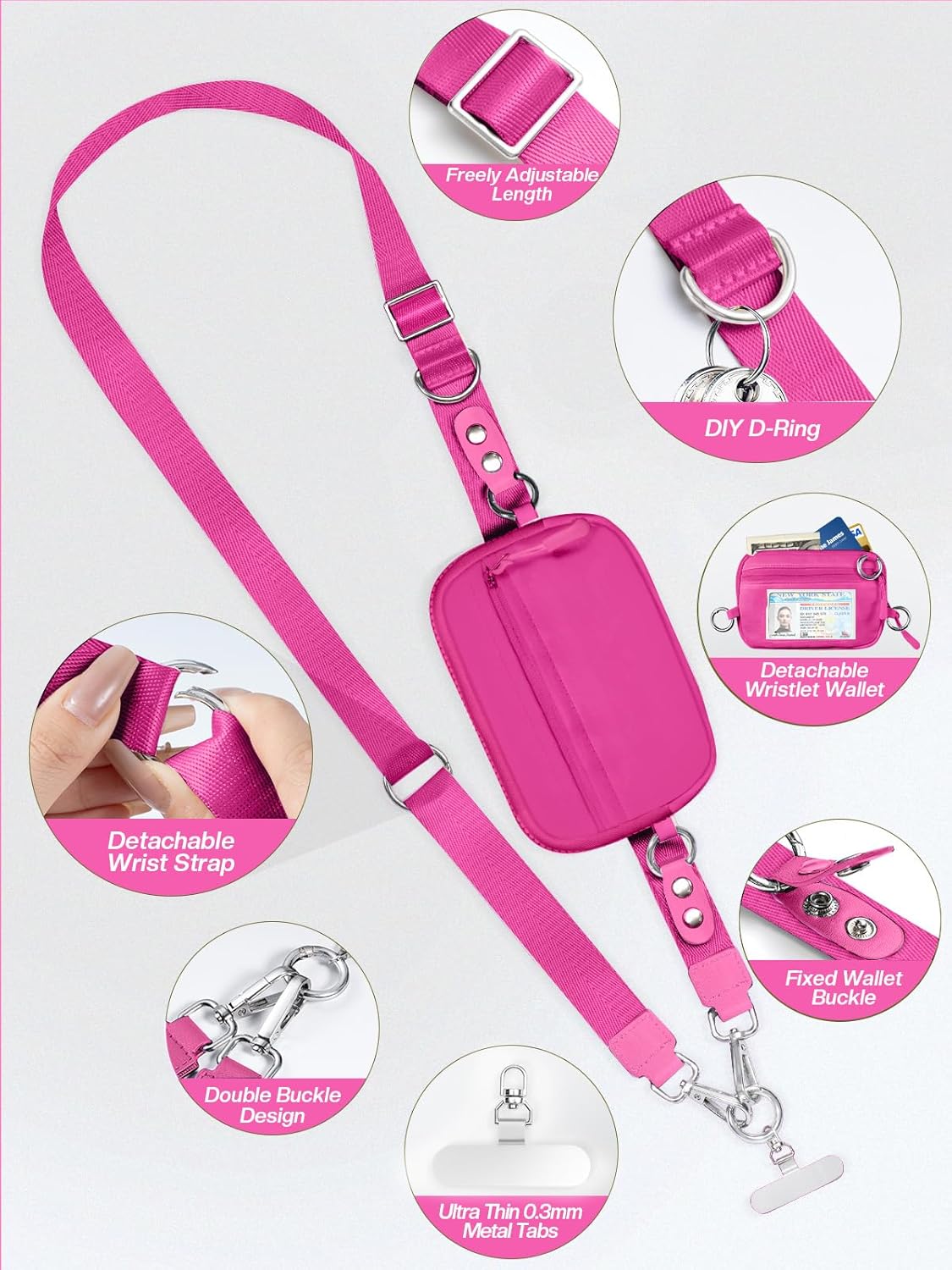 Clip and Go Strap for Phone with Wallet Crossbody Phone Lanyard Adjustable and Detachable RFID Wristlet Wallet with ID Window and Zipper, Hot Pink