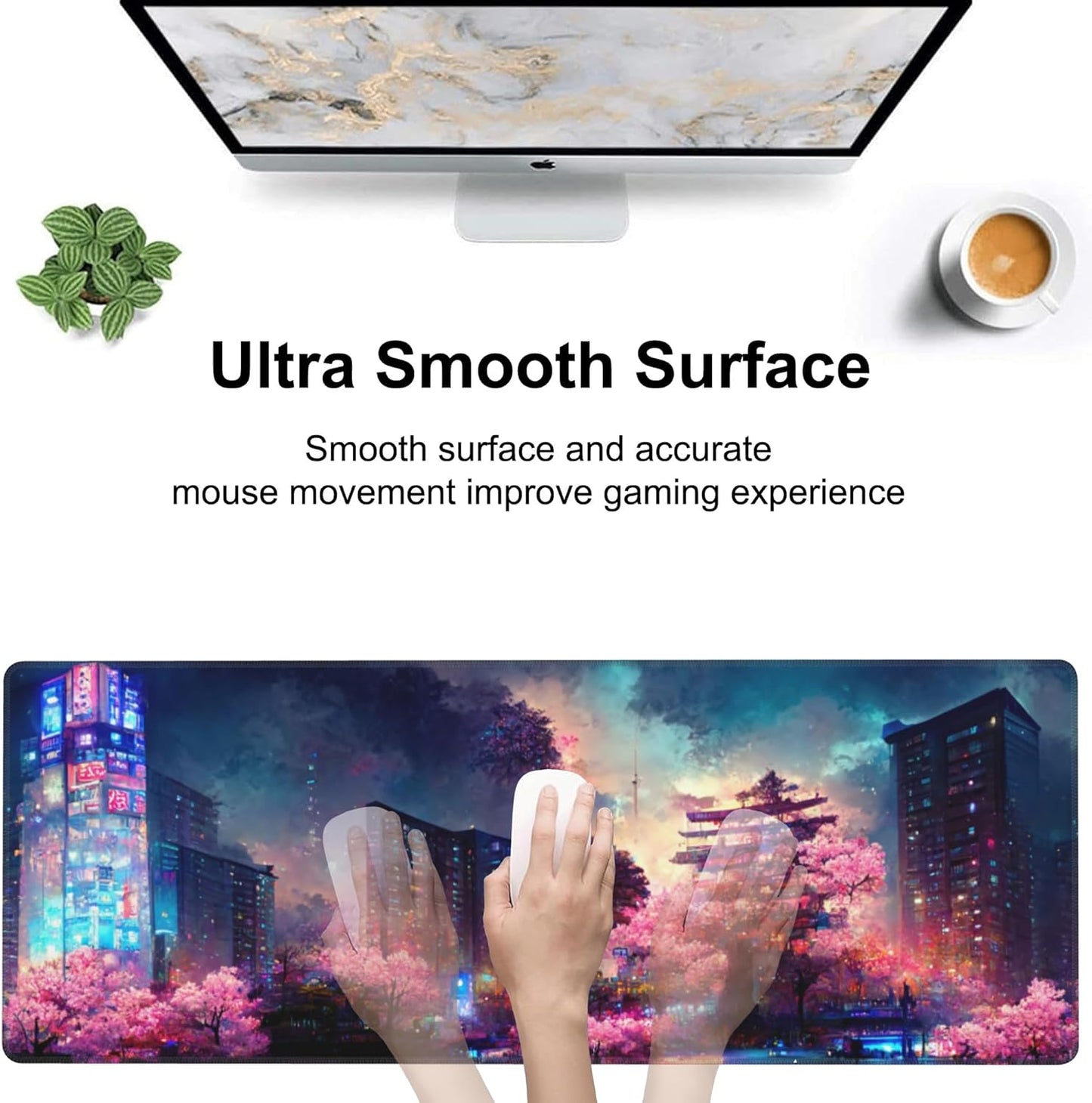 Japanese Fantasy Night City Desk Mat,Large Beautiful Night Scene Gaming Keyboard Mouse Pad,Non-Slip Rubber Base Desk Pad Thick Stitched Edges Waterproof Mousepad Mouse Mat 31.5"x11.8"