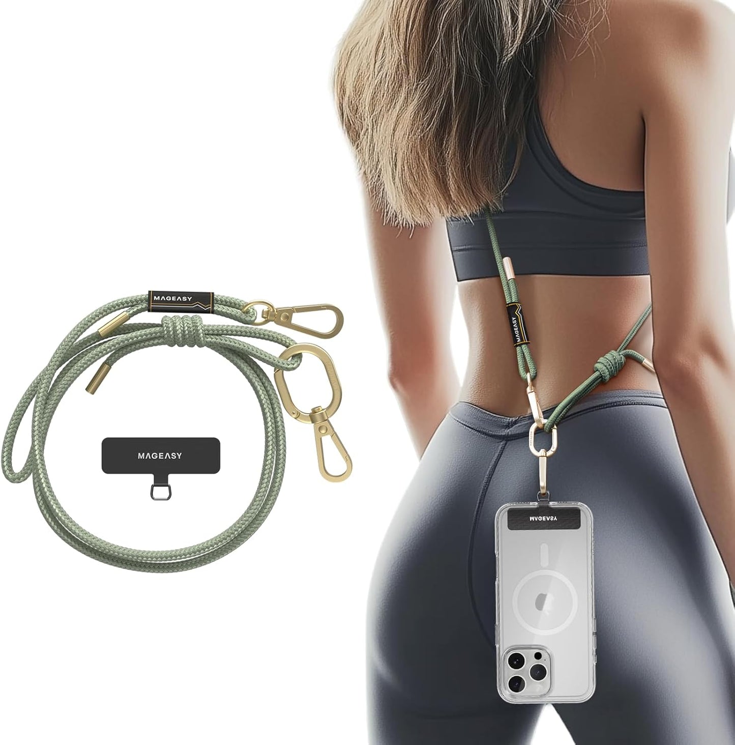 MAGEASY Universal Cell Phone Lanyard - Anti-Theft Rope Crossbody Phone Strap for iPhone 16 Pro Max & Most Smartphones, for Men & Women | 6mm Sage Green