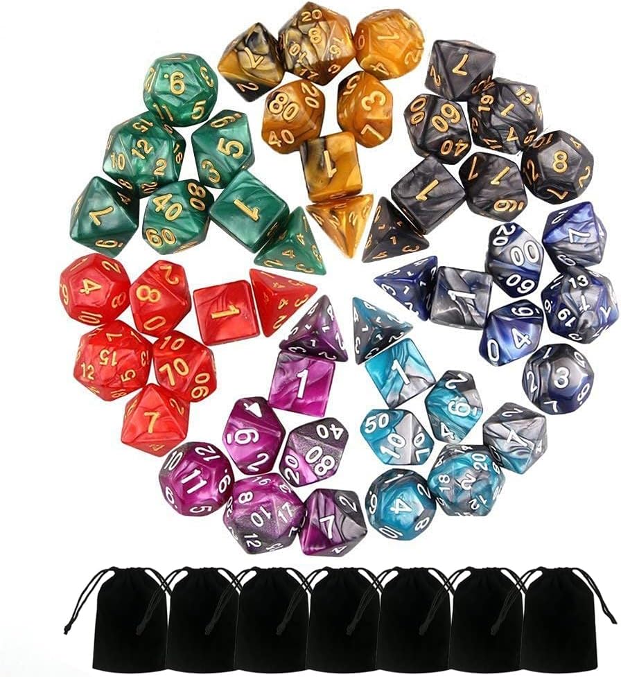 7 Sets (49PCS) Polyhedral Dice Set for Dungeons & Dragons/RPG, Complete D&D/DND Dice Sets (D20, D12, D8, D6, D4 & 2×D10 [0-9 & 00-90]) with 7 Pouches