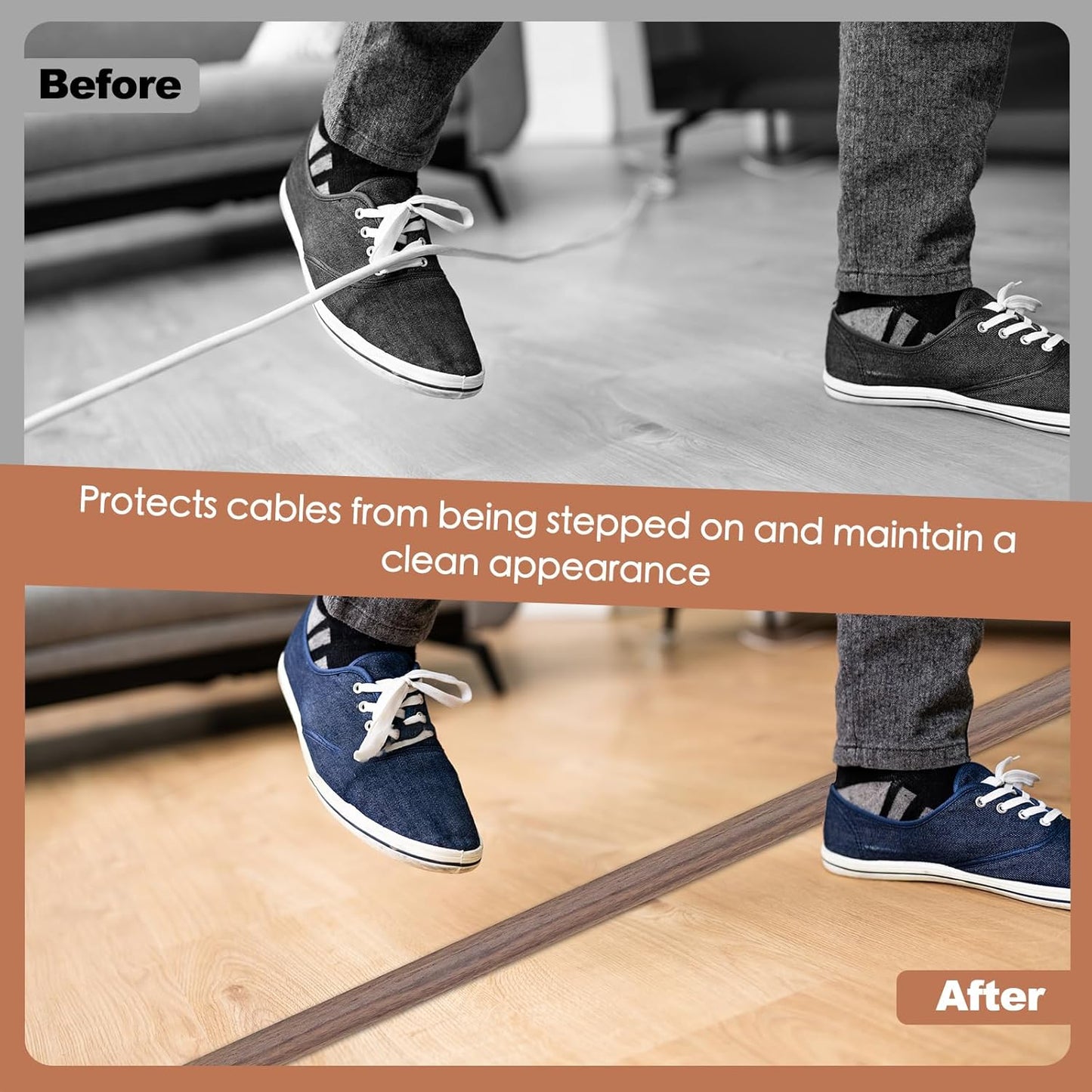 Floor Cord Cover for Wires on Floor Self Adhesive Cord Hider Floor Cable Management Wire Covers for Cords Protector Prevent Cable Trips Cord Cavity W 0.47" x H 0.27", Misty Brown Wood, 3.3Ft