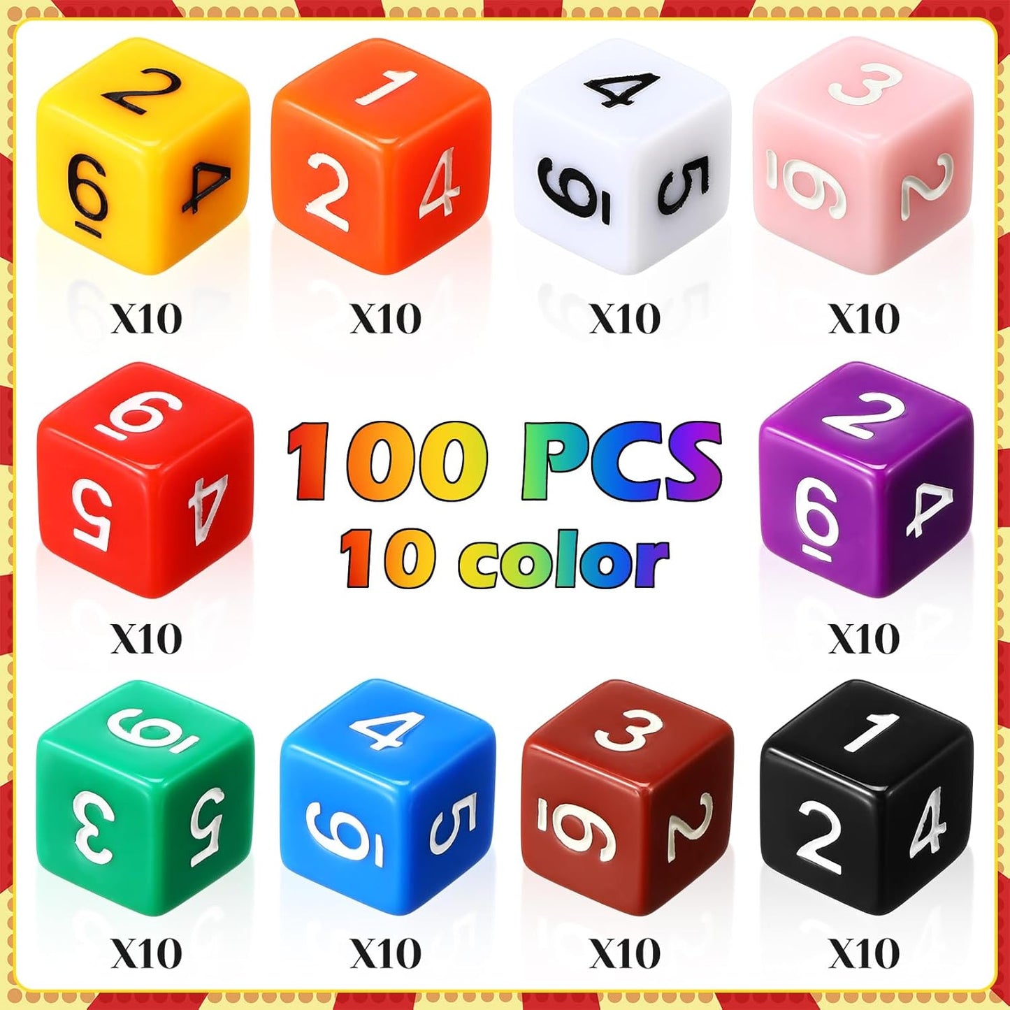 Poen 100 Pcs 16mm Dice Set Bulk, 6 Sided Standard Colored Dices with Numbers, D6 Polyhedral Games Dice for Board Games, Parties (Solid Color)