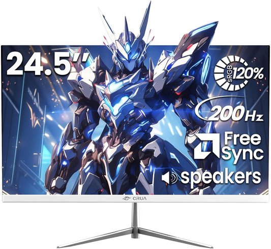 CRUA 24.5" White Gaming Monitor, 200Hz FHD(1920 * 1080P) VA Screen Computer Monitor, Supports Freesync, 120% sRGB, Blue Light Filter, Built-in Speakers, Wall Mountable Installs(HDMI 1.4/DP 1.2)