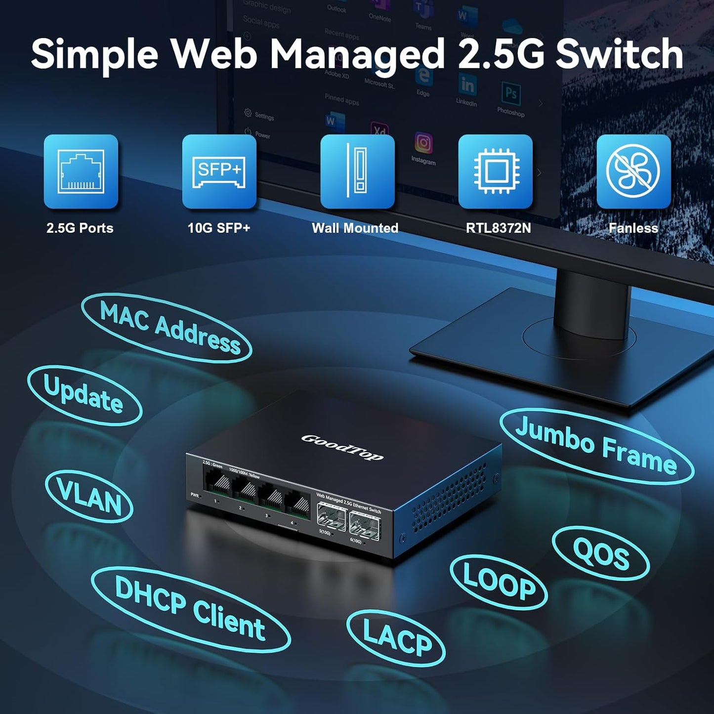 6 Port 2.5Gb Web Managed Switch,4 x 2.5GbE Ports,2 x 10G SFP+,Web Managed with Link Aggregation/VLAN/QOS, Metal Fanless Home Lab Network Switch