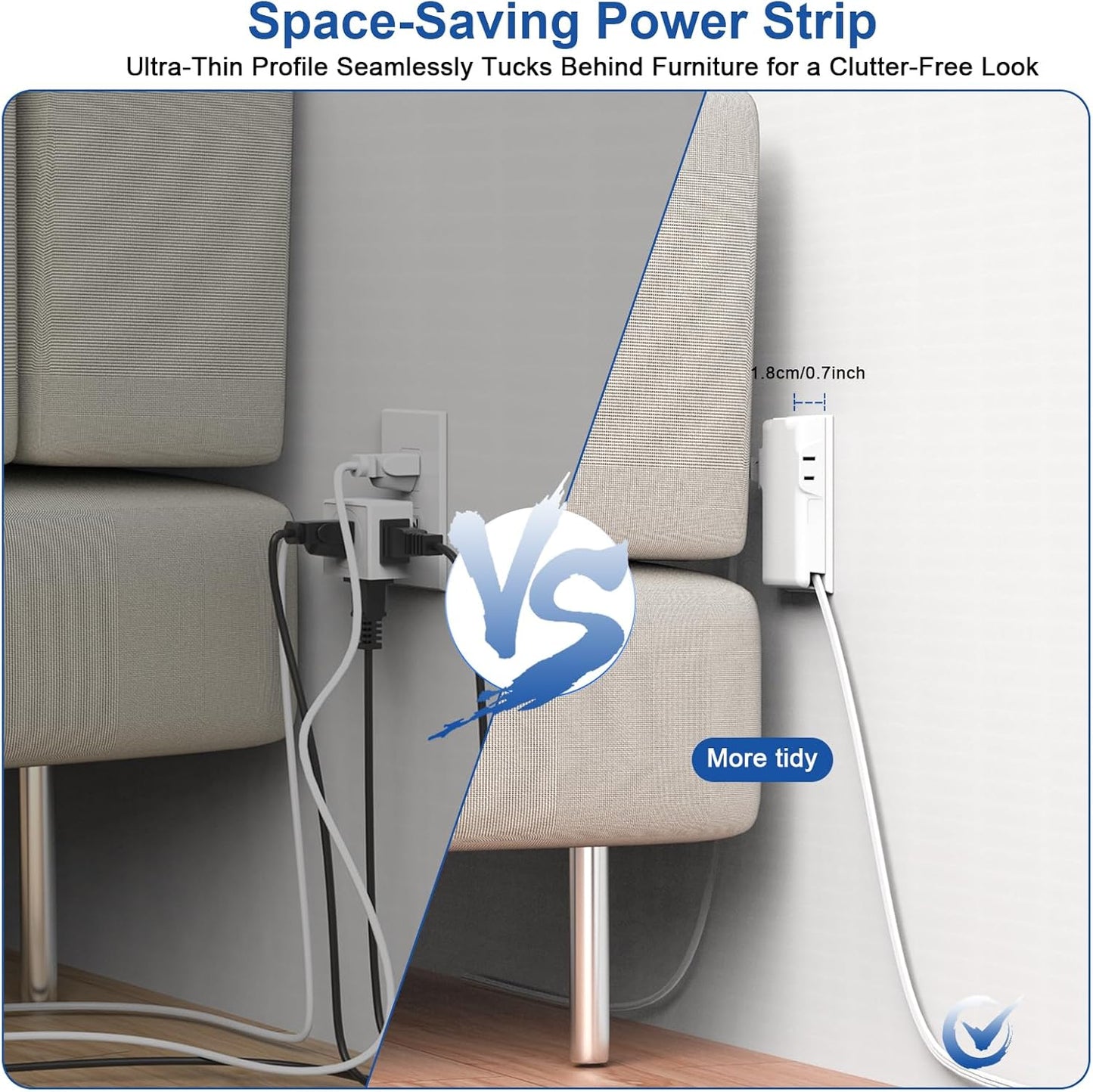 Power Strip Surge Protector with Outlet Cover, 6 AC Outlets Surge Protection, 4 USB Ports, 5ft Extension Cord, Wall Mount Flat Plug for Indoor Home Office Kitchen, White