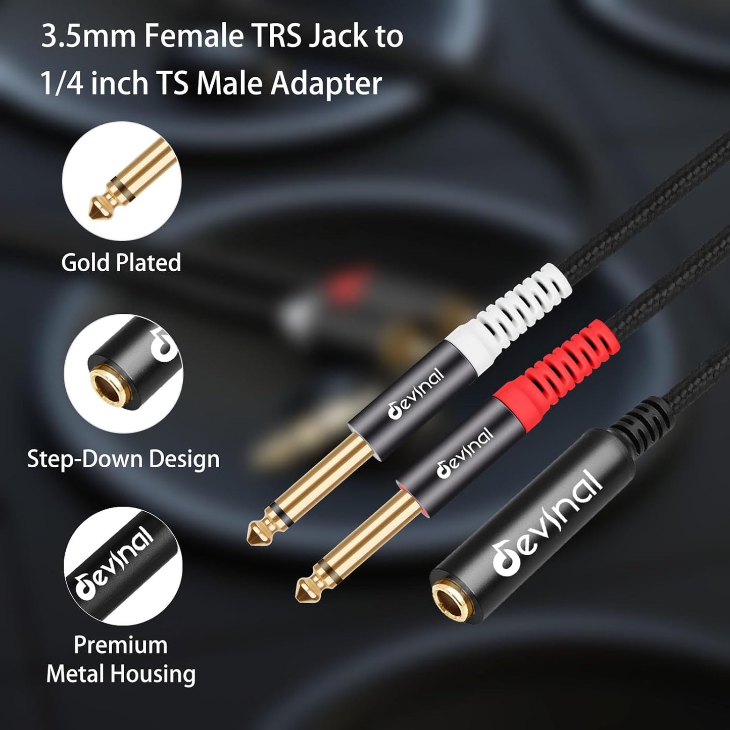 Devinal TRS to Dual TS Breakout Cable - 1/4" Female Stereo to Dual 6.35mm TS Male Adapter & 6.35mm Female to 2 x 1/4" Mono Y Splitter - 1 ft