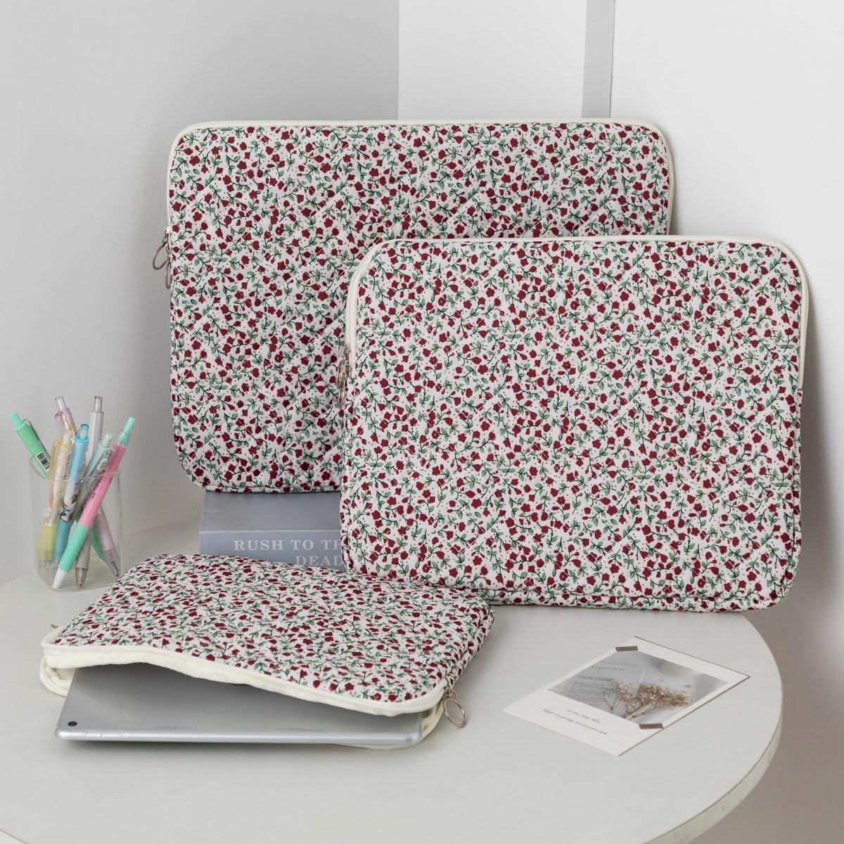 Puffy Laptop Sleeve 13-15.6 Inch Cute Quilted Laptop Protective Case Padded Floral Computer Sleeve for MacBook (B-red, 11 Inch)