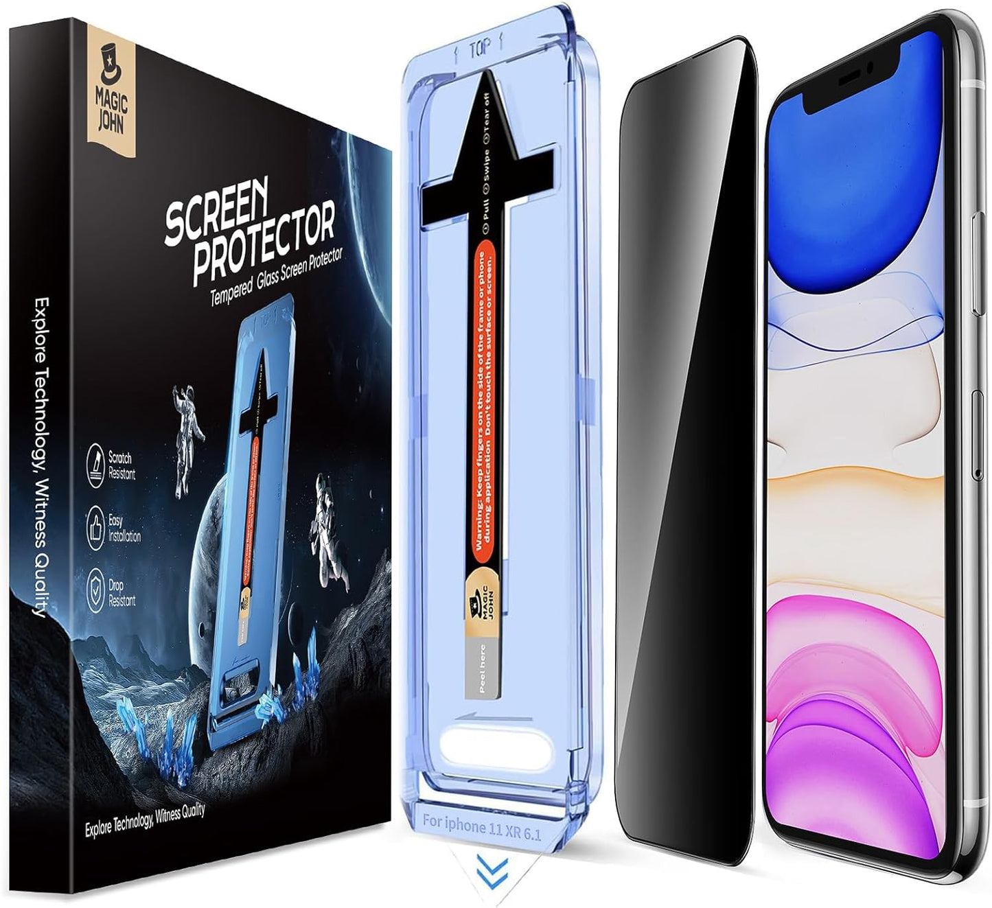 MAGIC JOHN 2 Pack for iPhone 11/iPhone XR 6.1 inch Privacy Glass Screen Protector, Auto Dust-Elimination Installation, Bubble Free, HD Clear, Easy Installation