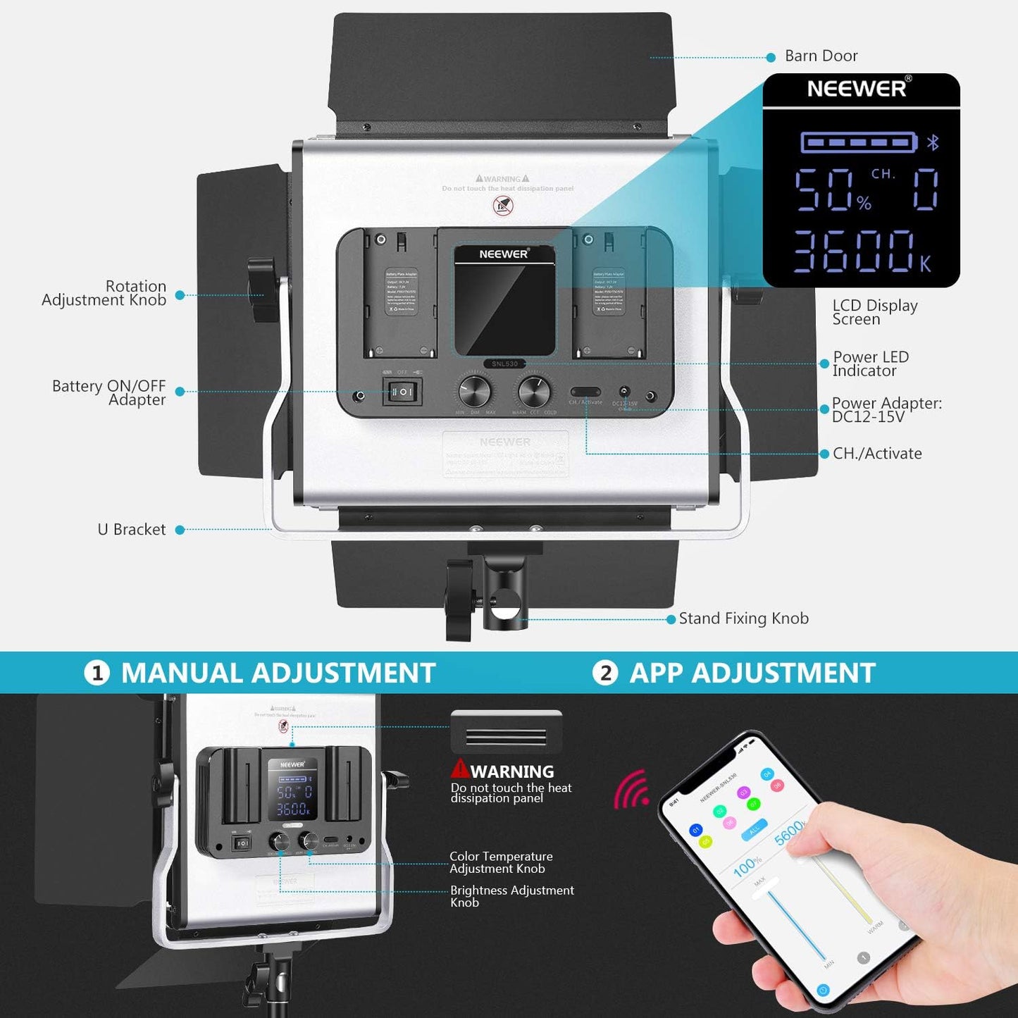 Neewer 2-Pack 530 LED Video Lighting Kit with APP Control, Dimmable Bi-Color 3200K~5600K Video Light with U Bracket, Barndoor, Stand and Bag for Photography/YouTube/Live Streaming/Zoom Meeting