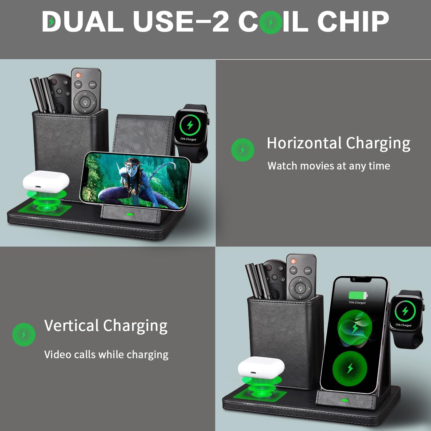 Office Supplies Desk Accessories,Pen Holder Remote Control Holder, Organizer with Phone Charger,Nightstand Desktop Organizer,Black Leather Desk Organizer With Charging Station (black)