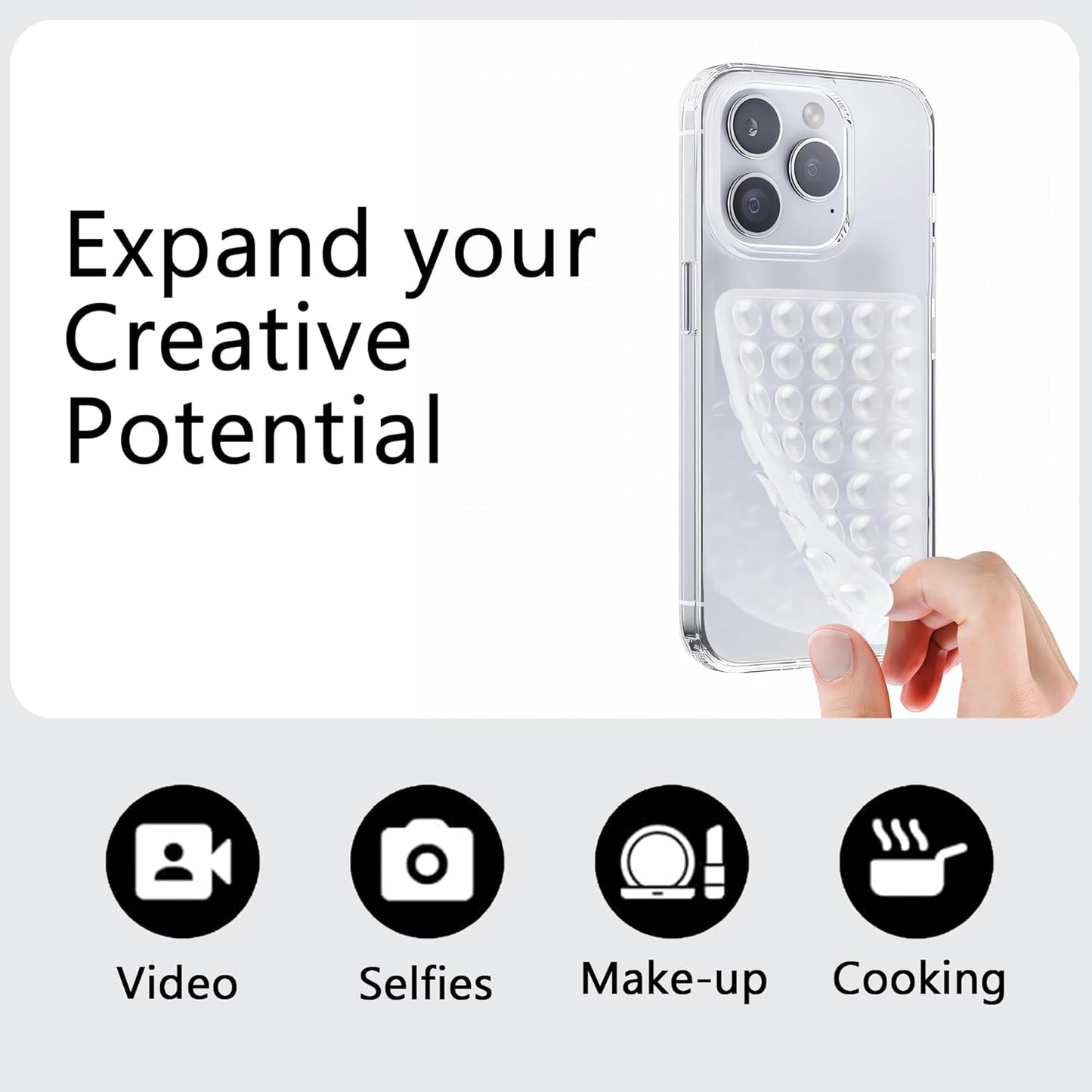 Silicone Double-Sided Suction Phone Grip Detachable Mount - Car Dashboard/Shower Phone Holder, Hands-Free For Selfies & Videos, ASMR- iphone & Android Compatible (Large, Transparent+BabyPink)