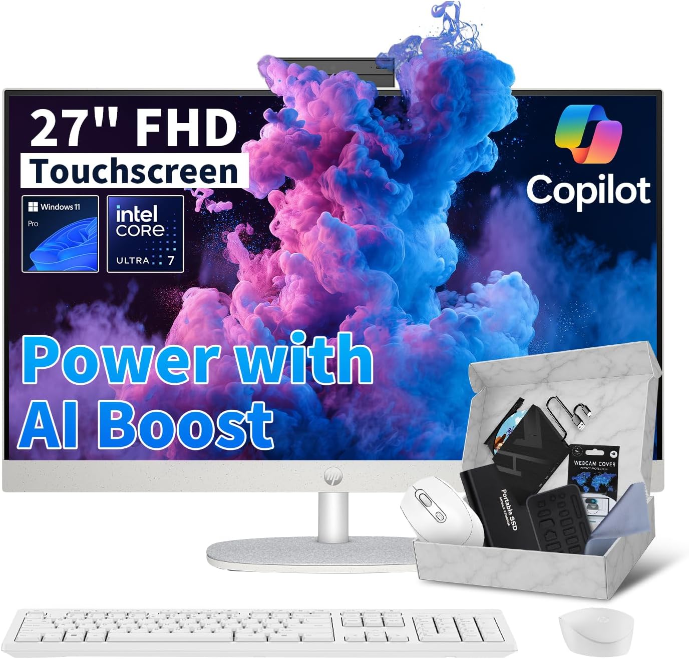 HP 27" All-in-One Desktop Computer - FHD Touchscreen | Intel Ultra 7‑155U | AI‑Enhanced Display, Facial Login | Privacy Pop‑Up Camera | Win 11 Pro, w/Accessories | 64GB DDR5 + 2TB SSD