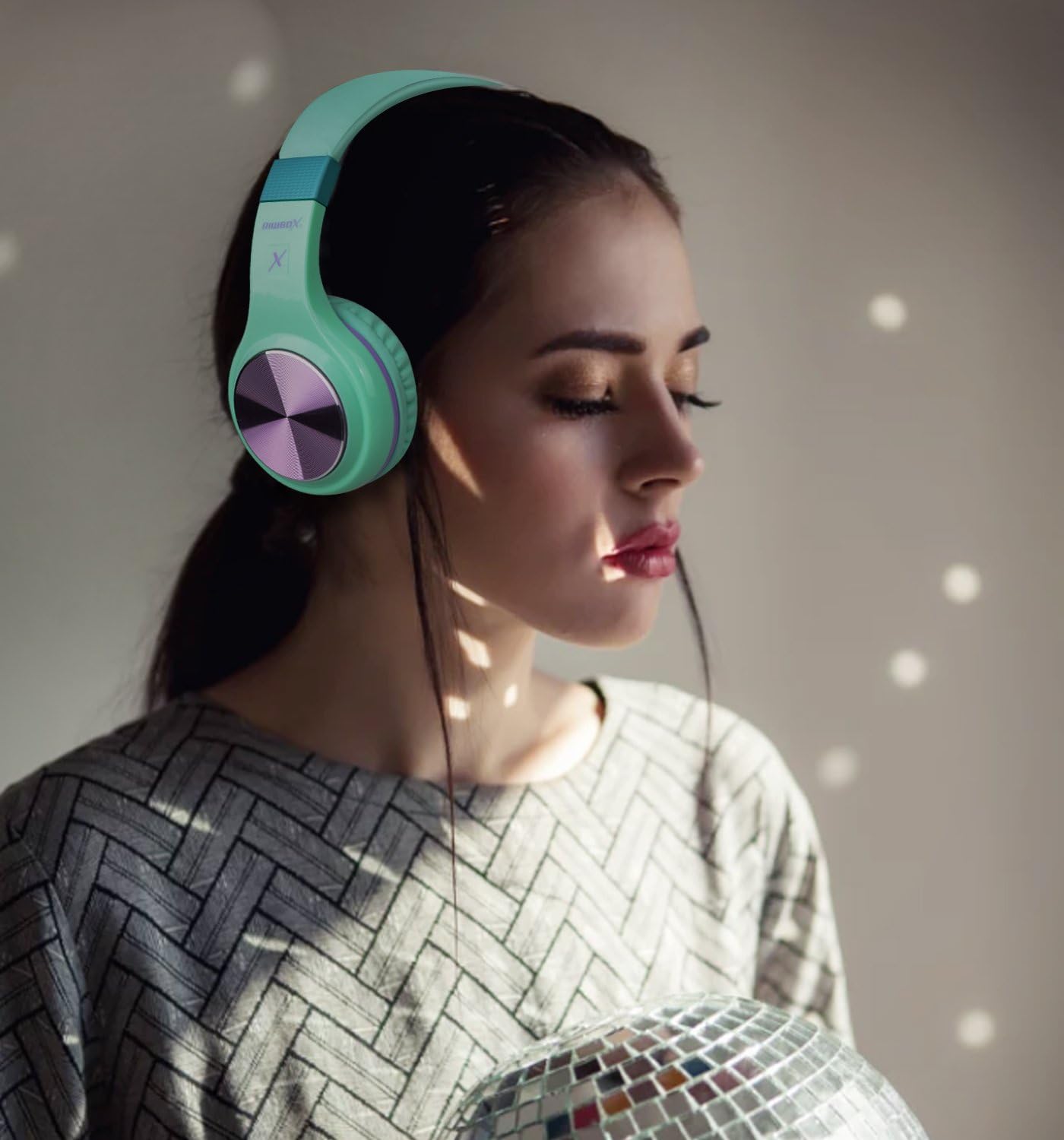 Riwbox Bluetooth Headphones, XBT-80 Folding Stereo Wireless Bluetooth Headphones Over Ear with Microphone and Volume Control, Wireless and Wired Headset for PC/Cell Phones/TV/Gym (Purple Green)