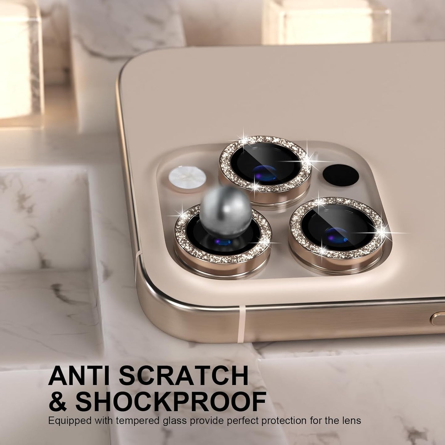 Choiche Compatible for iPhone 16 Pro/iPhone 16 Pro Max Camera Lens Protector Bling, 9H Tempered Glass Camera Cover Screen Protector Metal Ring Decoration Accessories(Glitter-Titanium Desert)