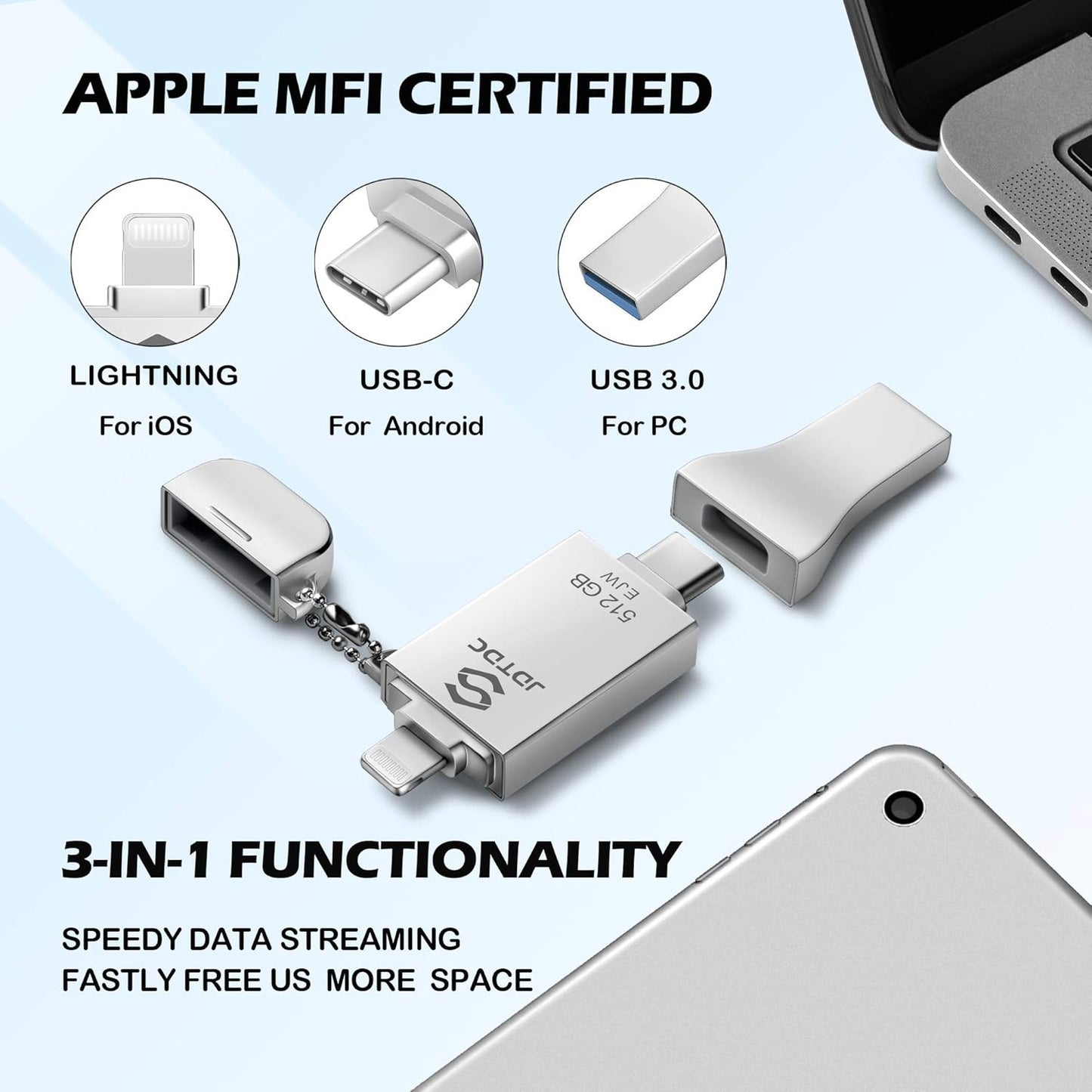 JSL JDTDC 512GB Apple MFi Certified iPhone-Photo-Stick USB C for iPhone 16/15, 3 in 1 USB3.0 iOS-Flash-Drive-for-iPhone Memory-Stick Thumb Drive iPhone Backup Memory Stick for iPhone iPad Android PC